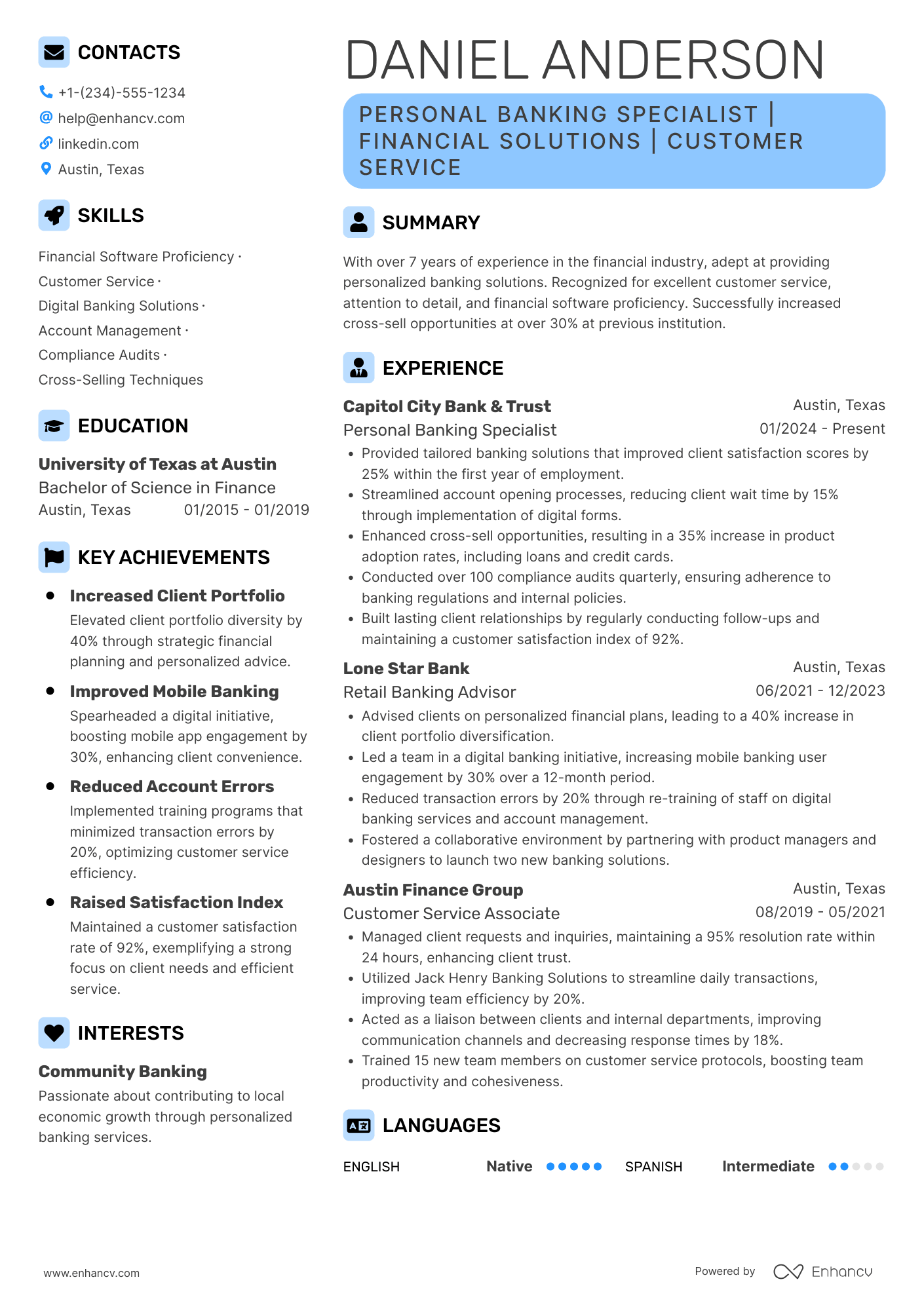 Personal Banking Specialist Resume Example