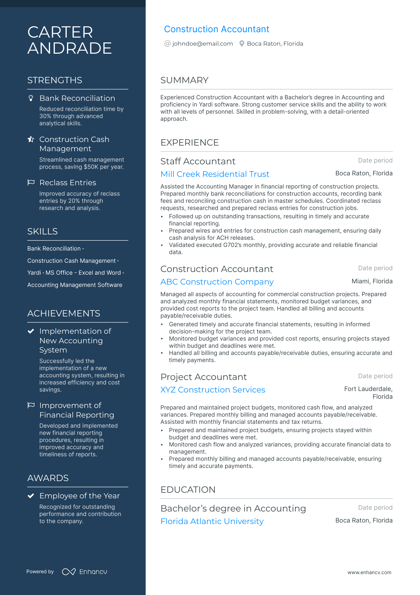 Construction Accounting Resume Example