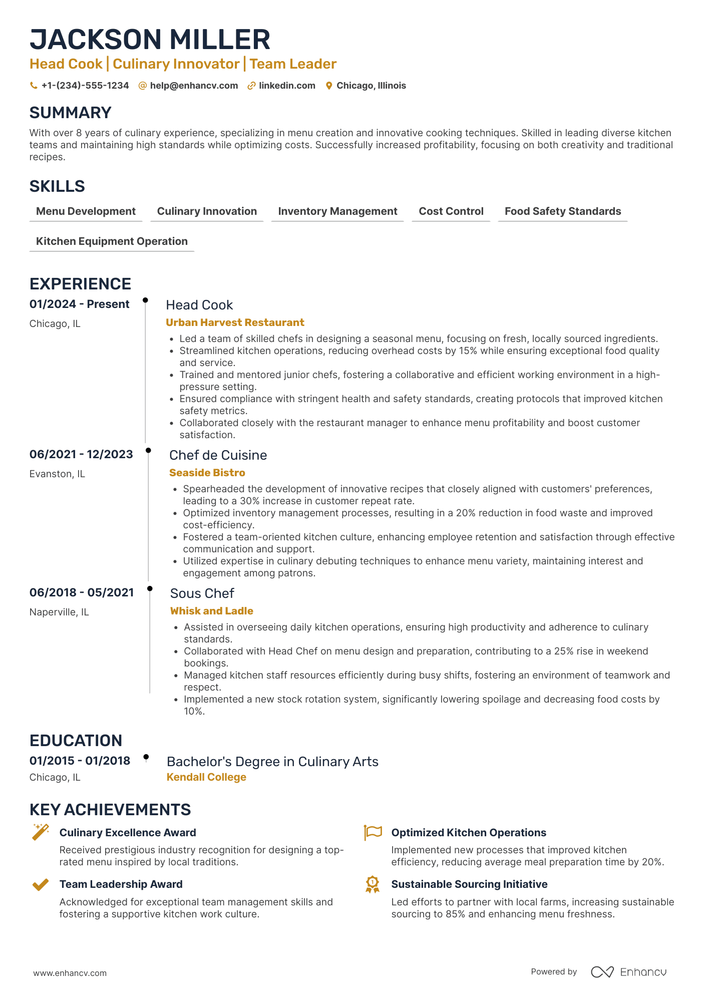 Head Cook Resume Example