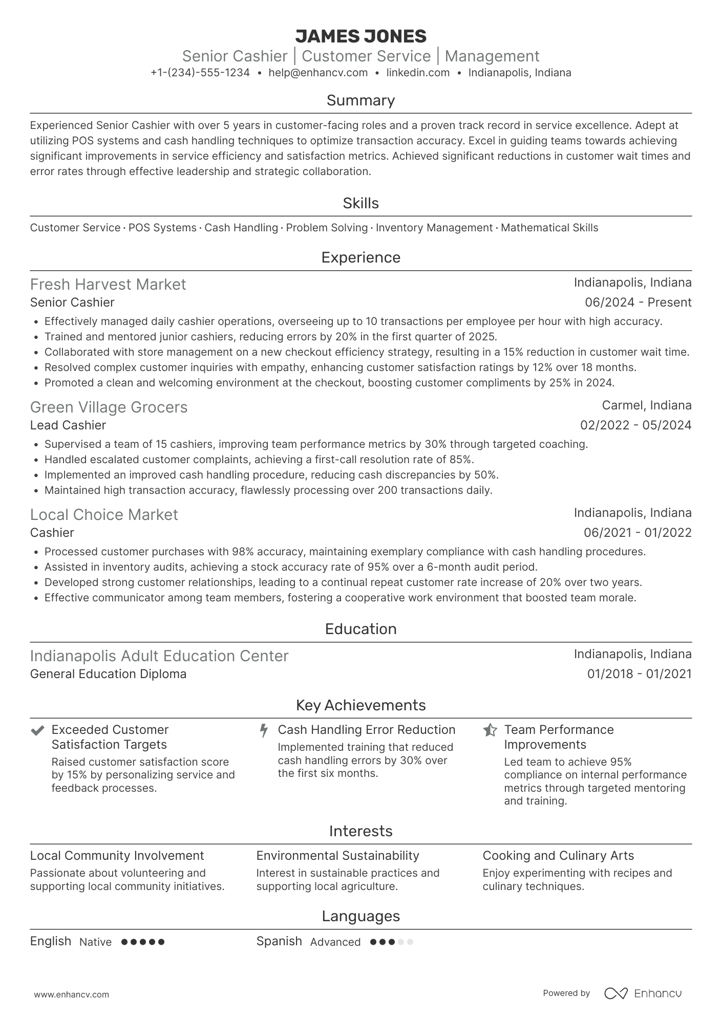 Senior Cashier Resume Example