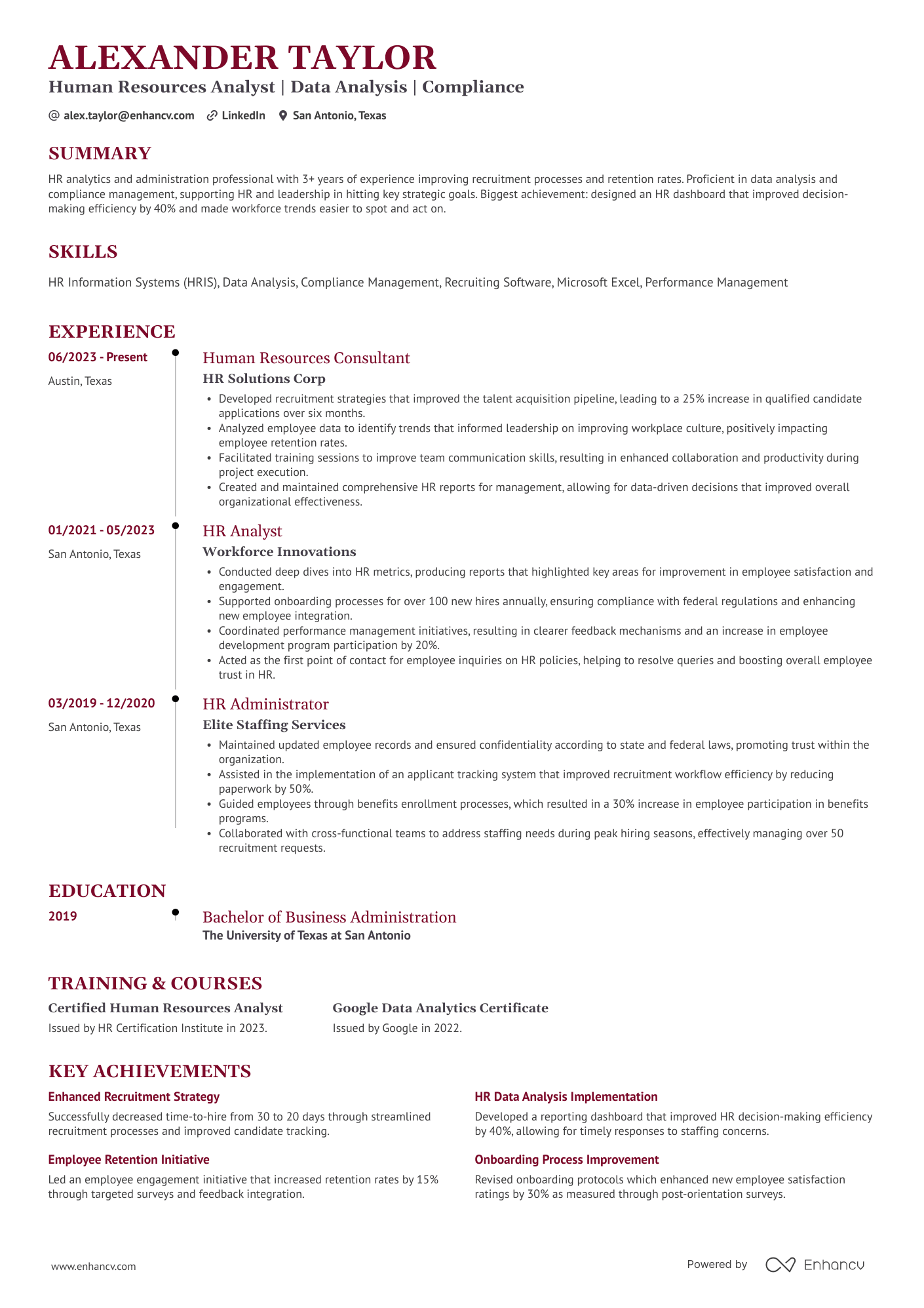 HR Analyst Resume Example