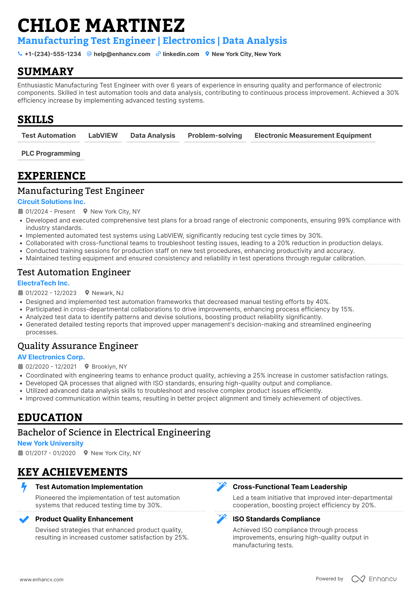 Manufacturing Test Engineer Resume Example