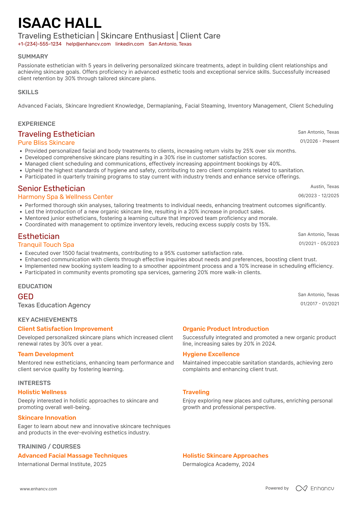 Traveling Esthetician Resume Example