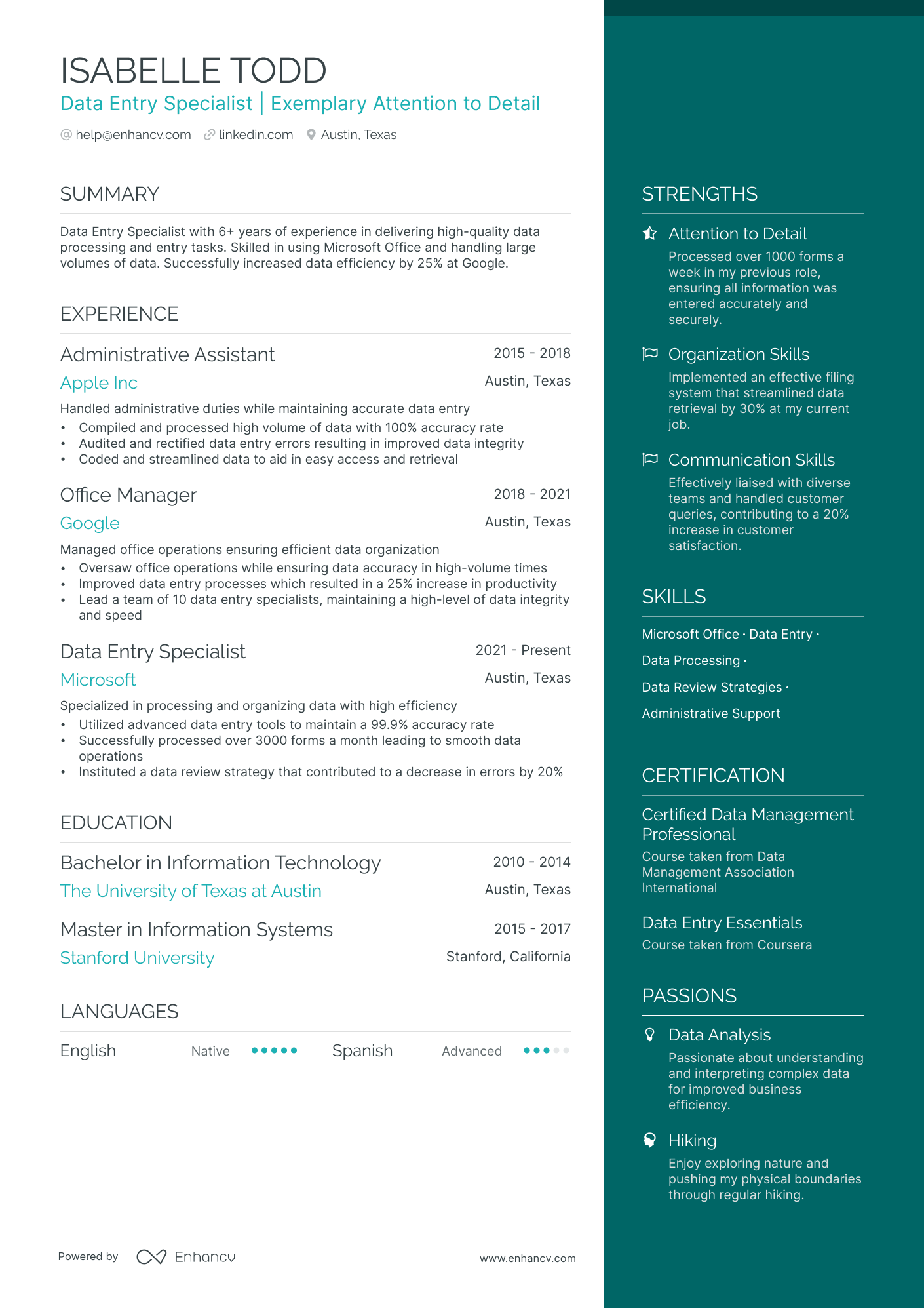 Data Entry Specialist Resume Example