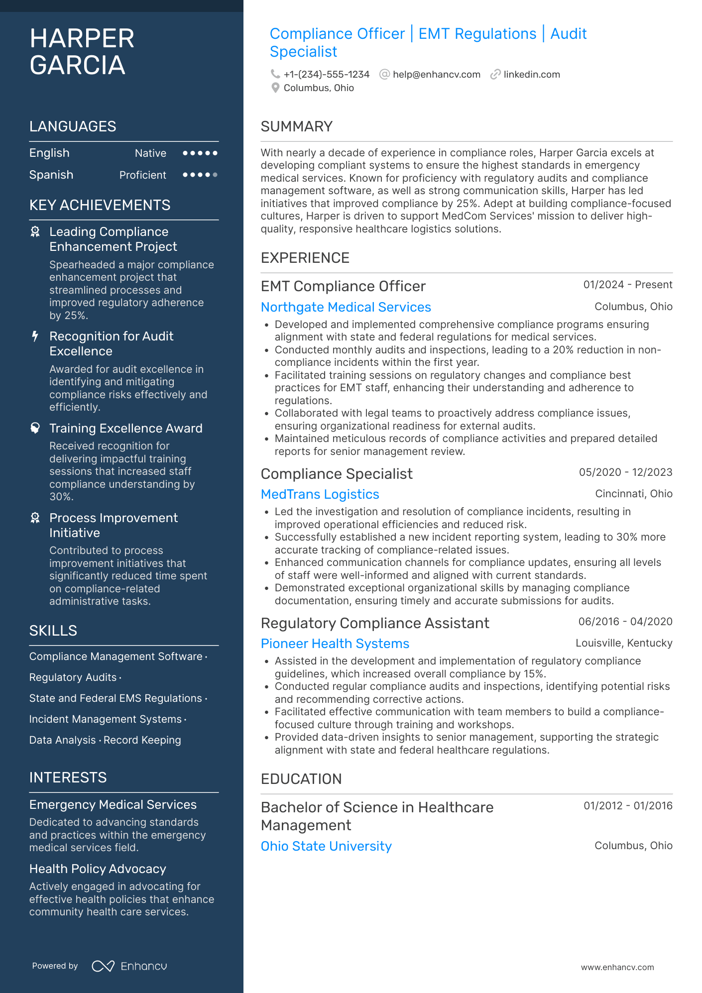 EMT Compliance Officer Resume Example