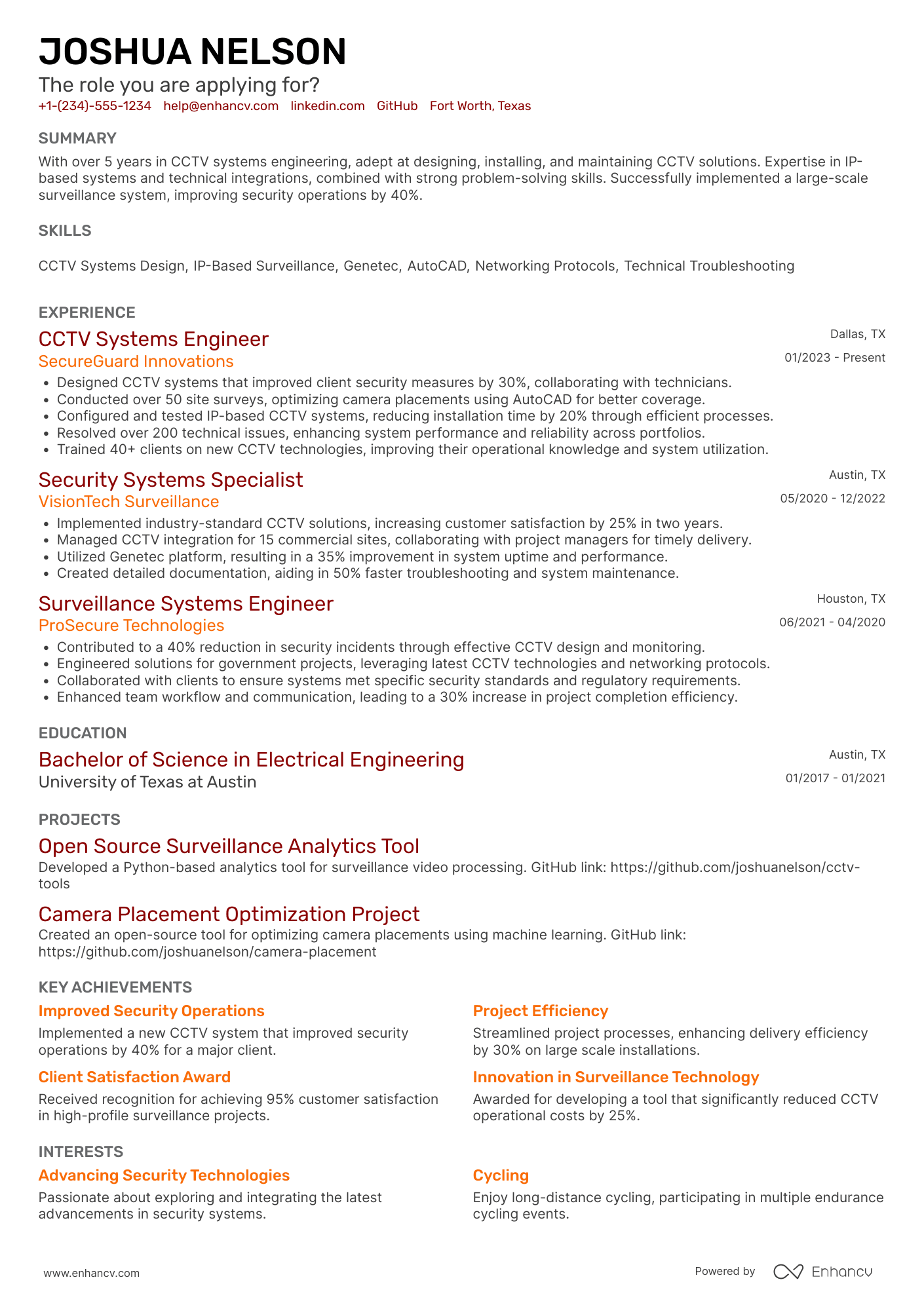 CCTV Systems Engineer Resume Example