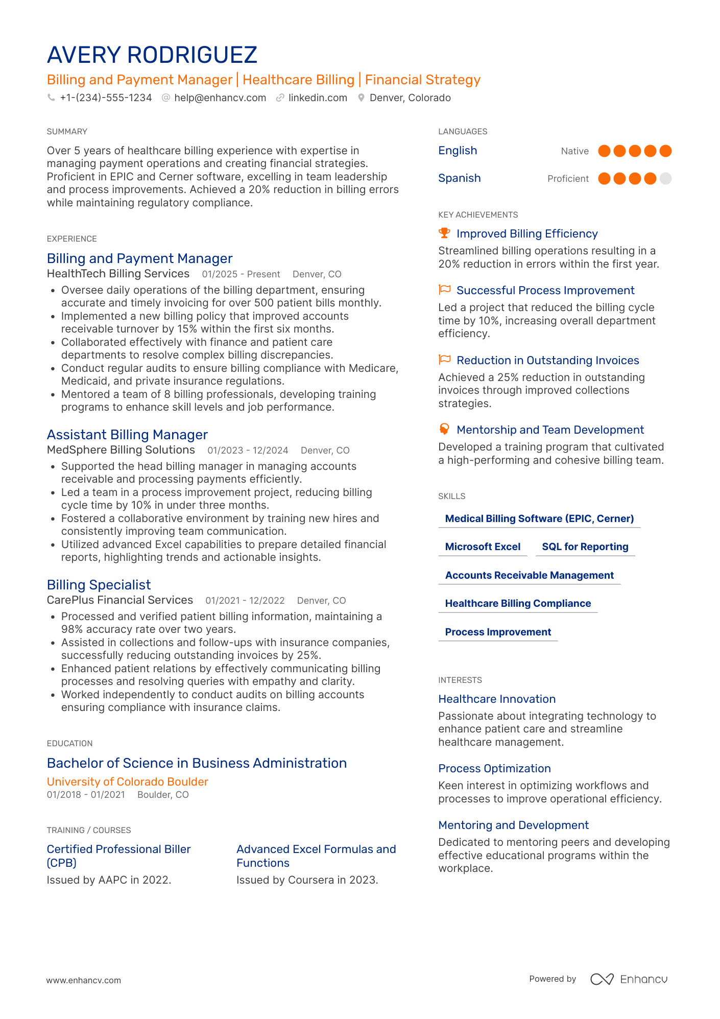 Billing and Payment Manager Resume Example