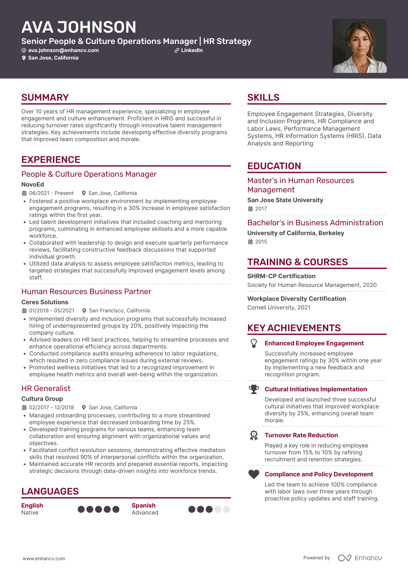 People & Culture Operations Manager Resume Example