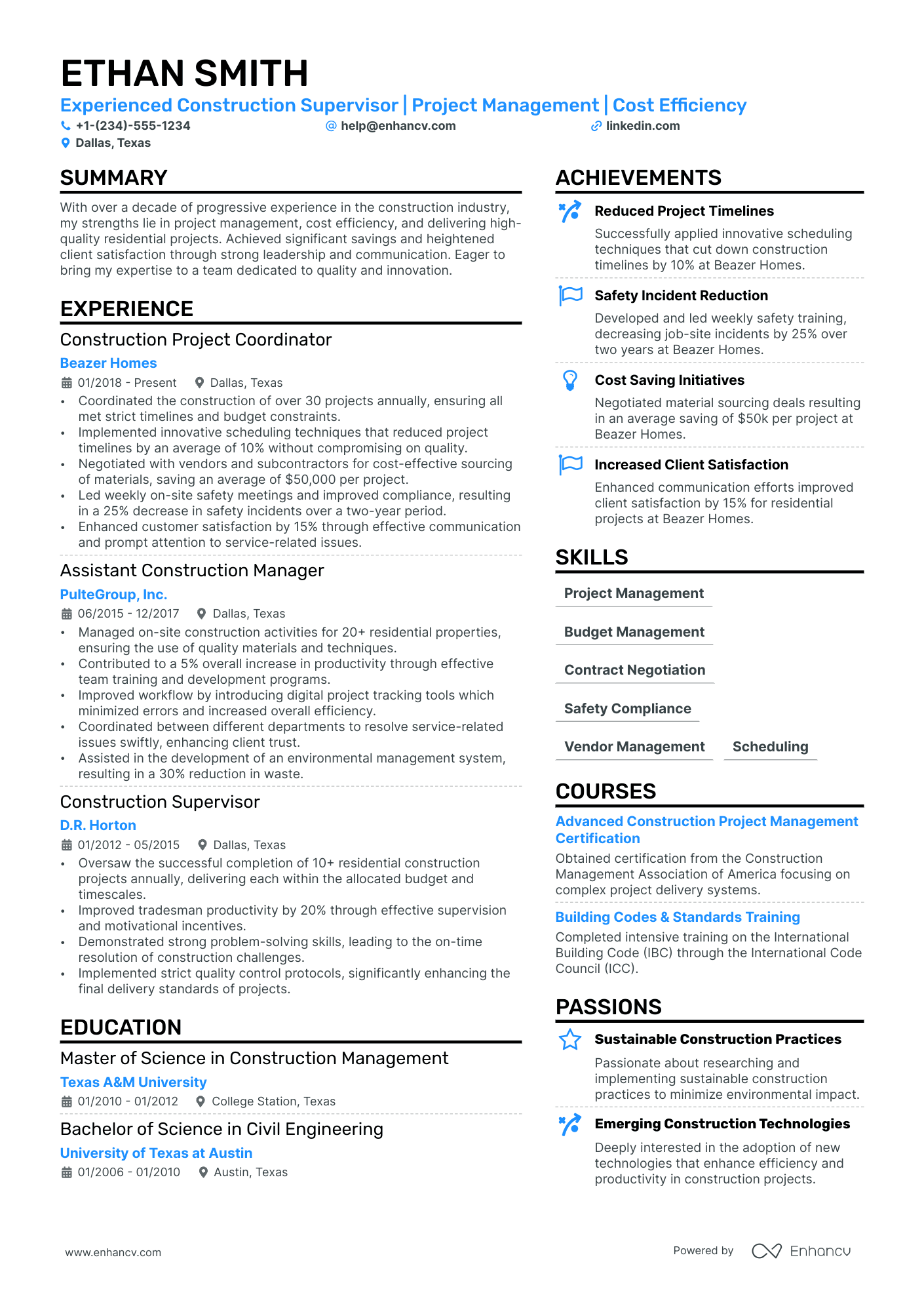 Construction Manager Resume Example