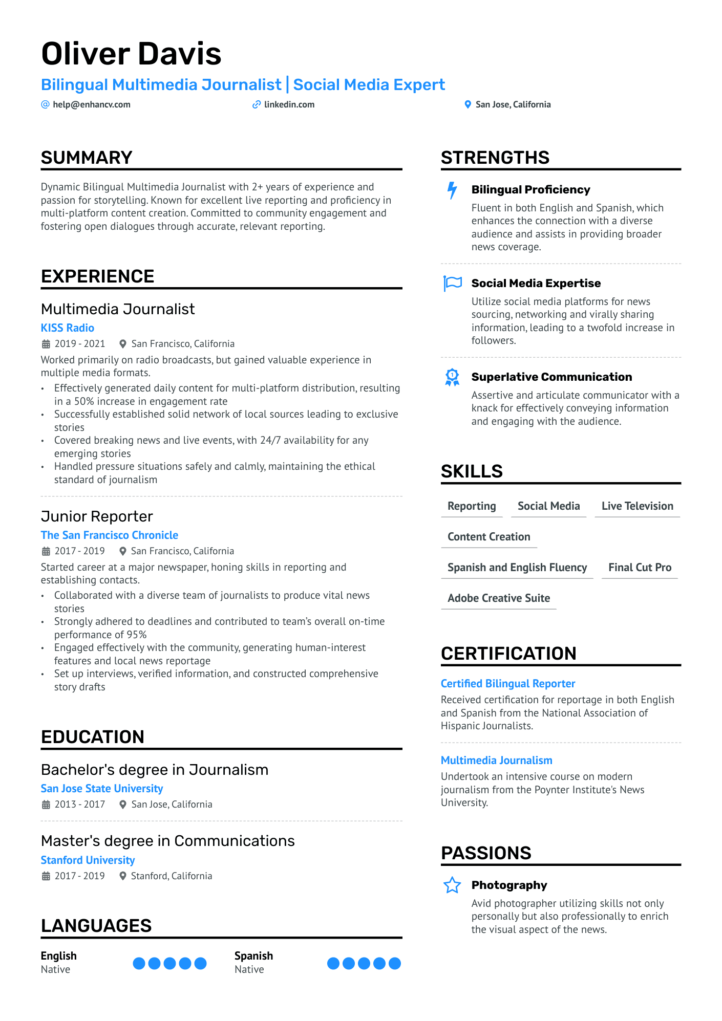 Multimedia Journalist Resume Example