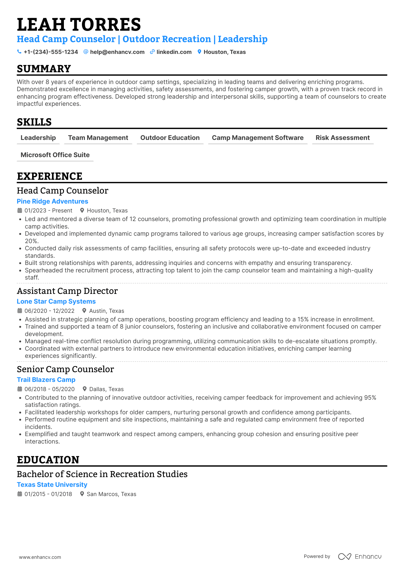 Head Camp Counselor Resume Example