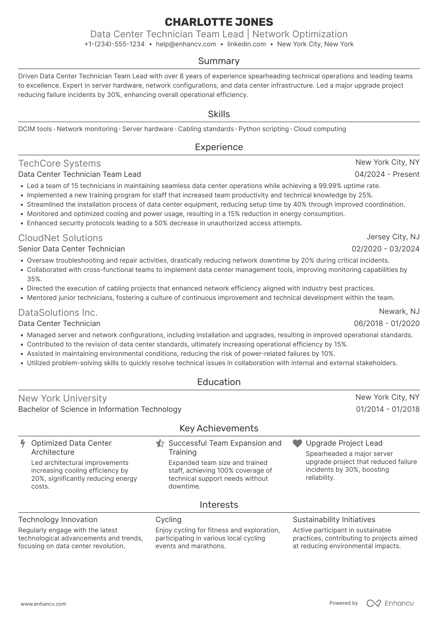 Data Center Technician Team Lead Resume Example