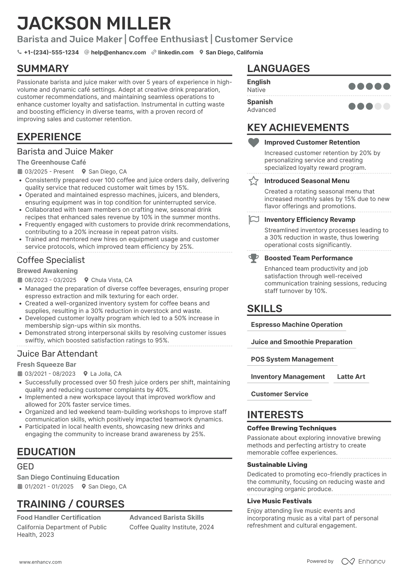 Barista and Juice Maker Resume Example