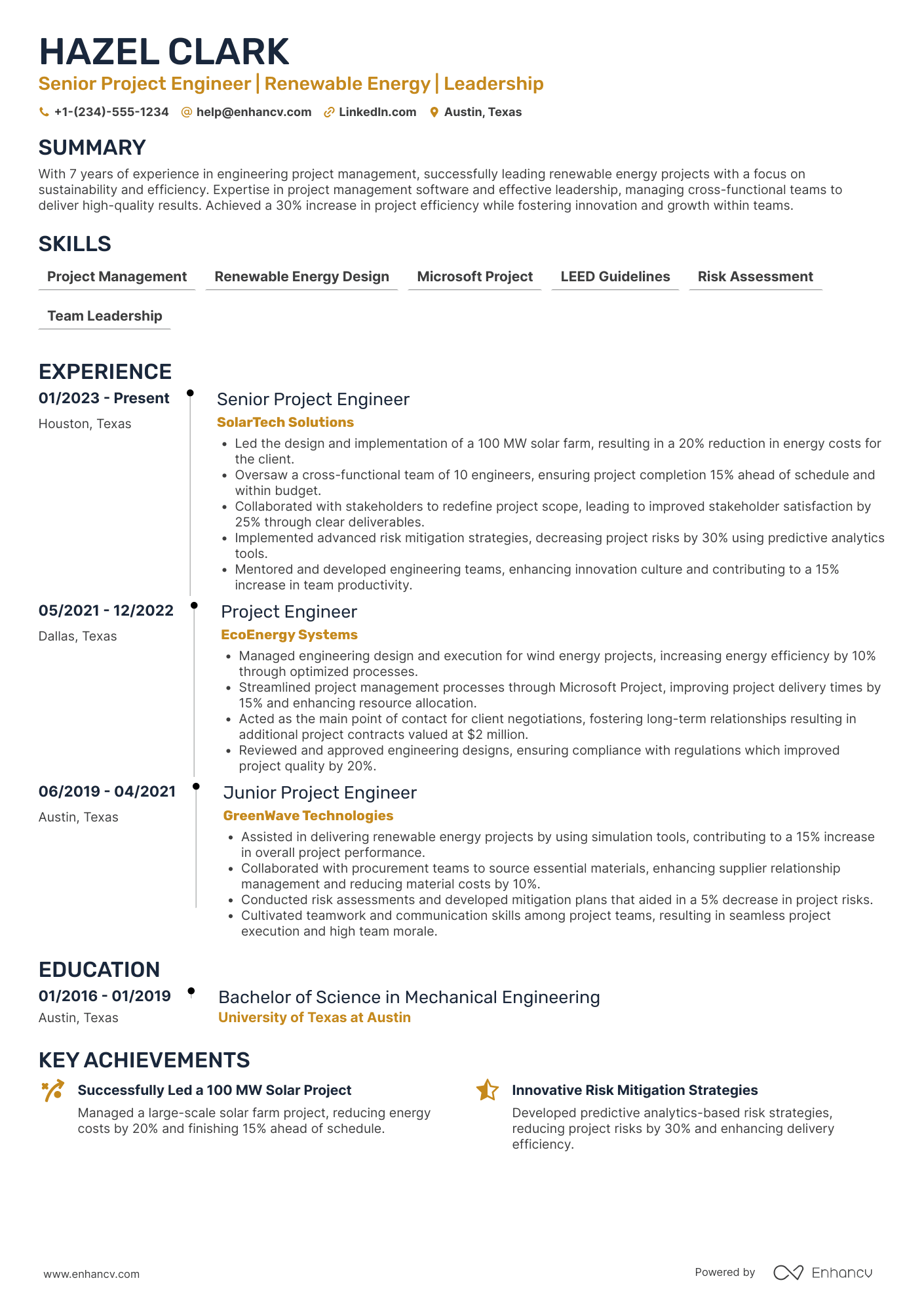 Senior Project Engineer Resume Example