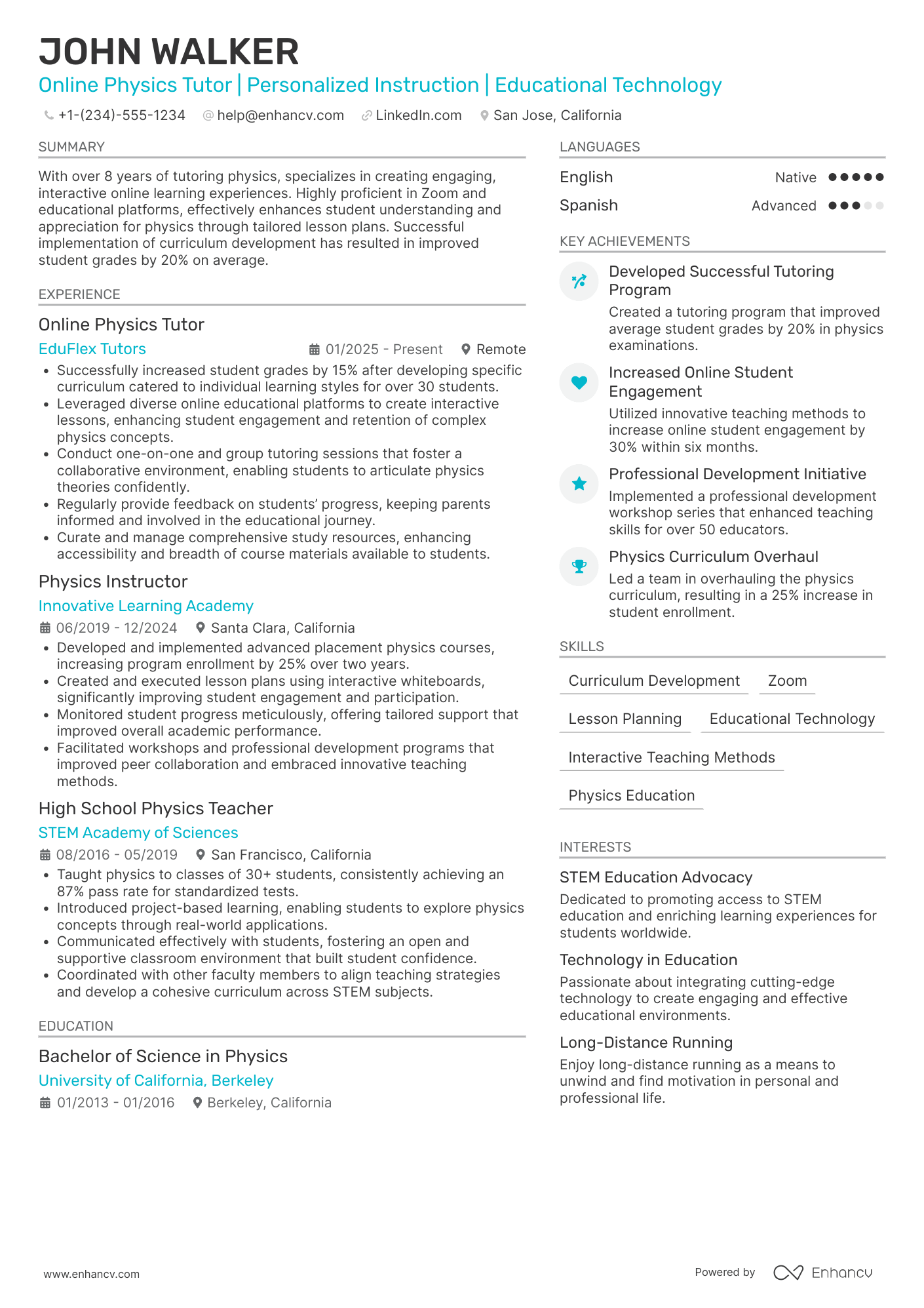 Online Physics Tutor Resume Example