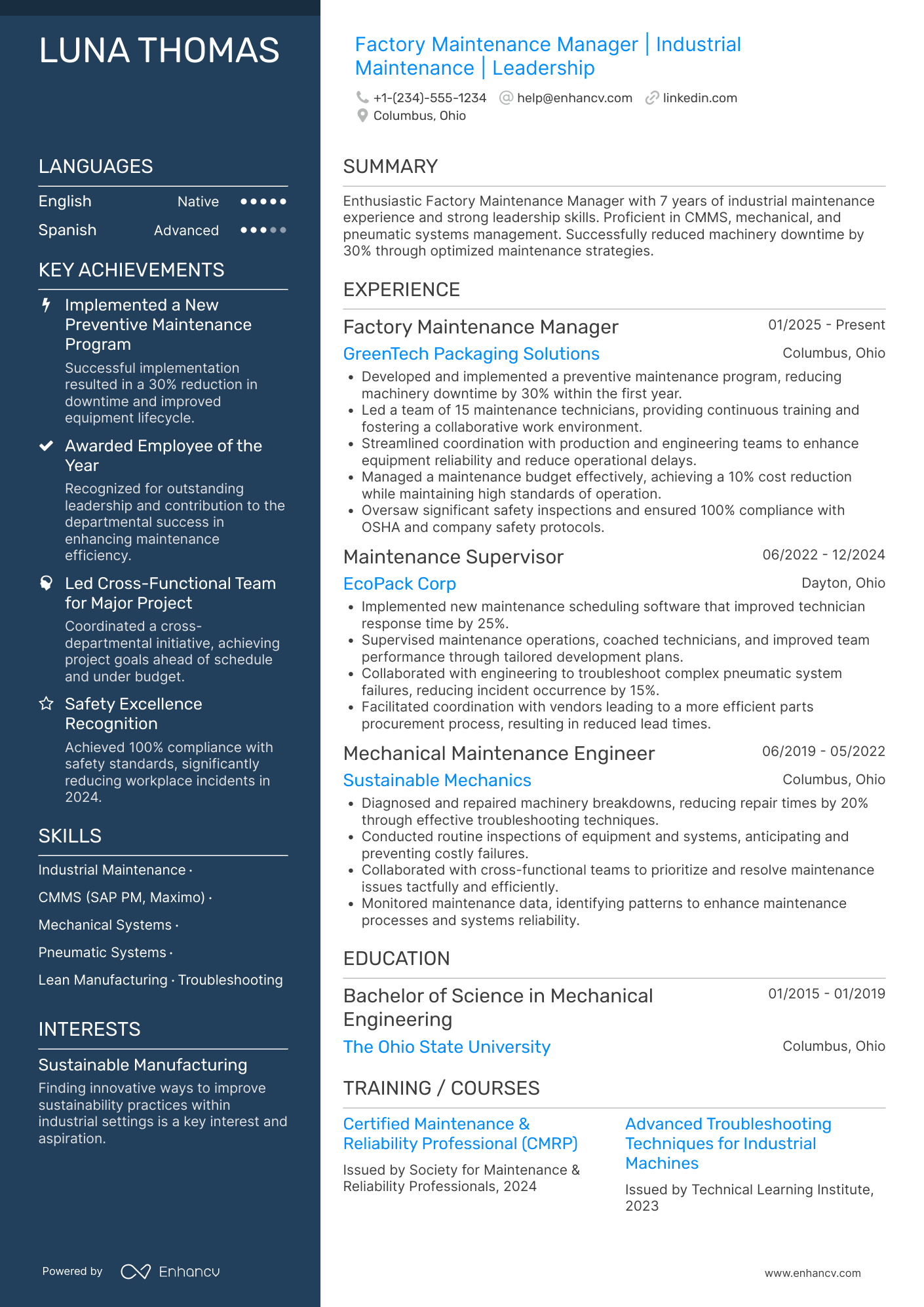 Factory Maintenance Manager Resume Example