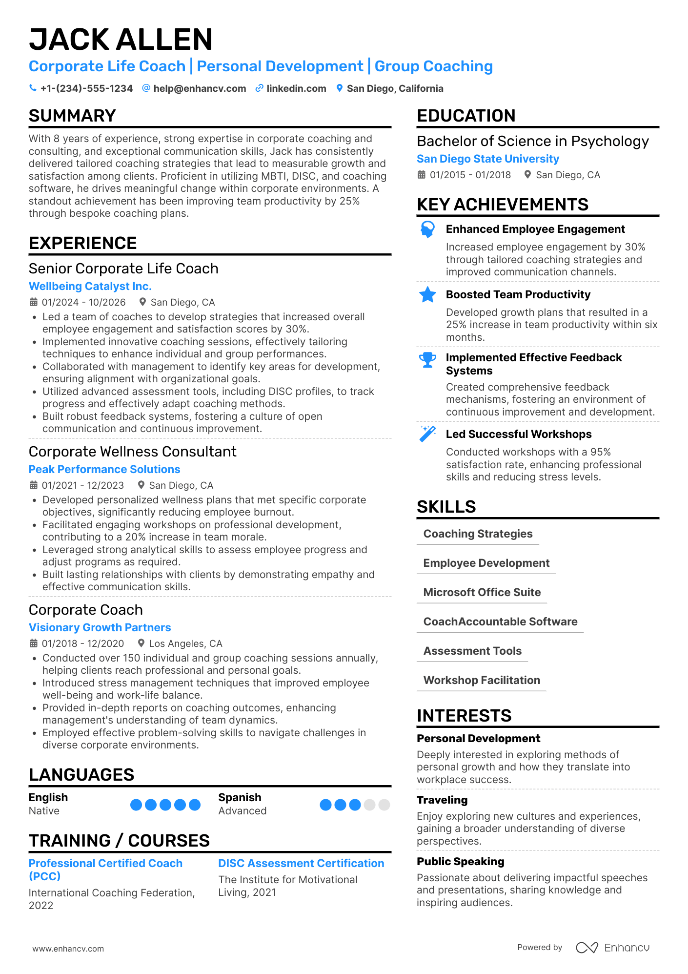 Corporate Life Coach Resume Example