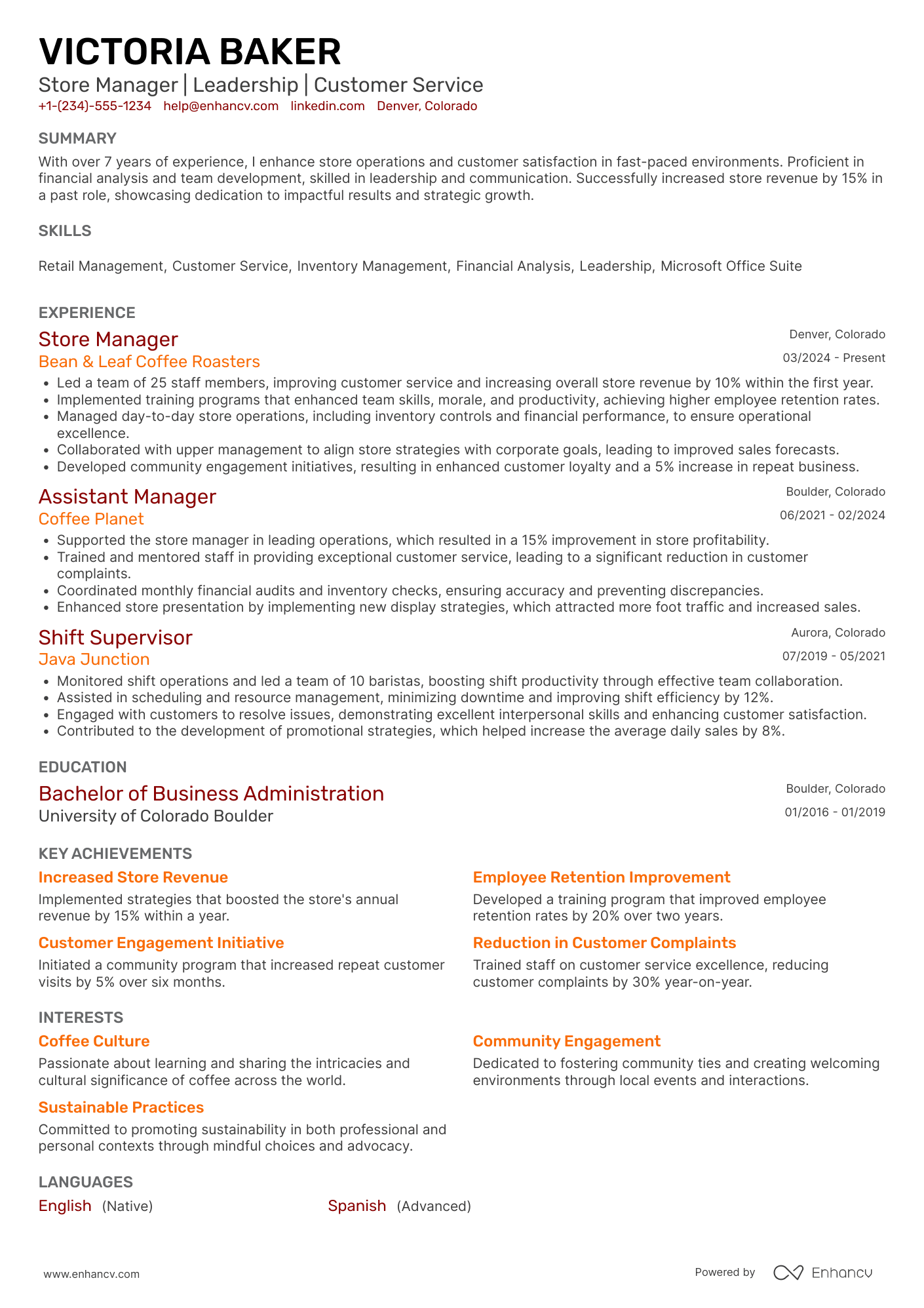 Starbucks Store Manager Resume Example