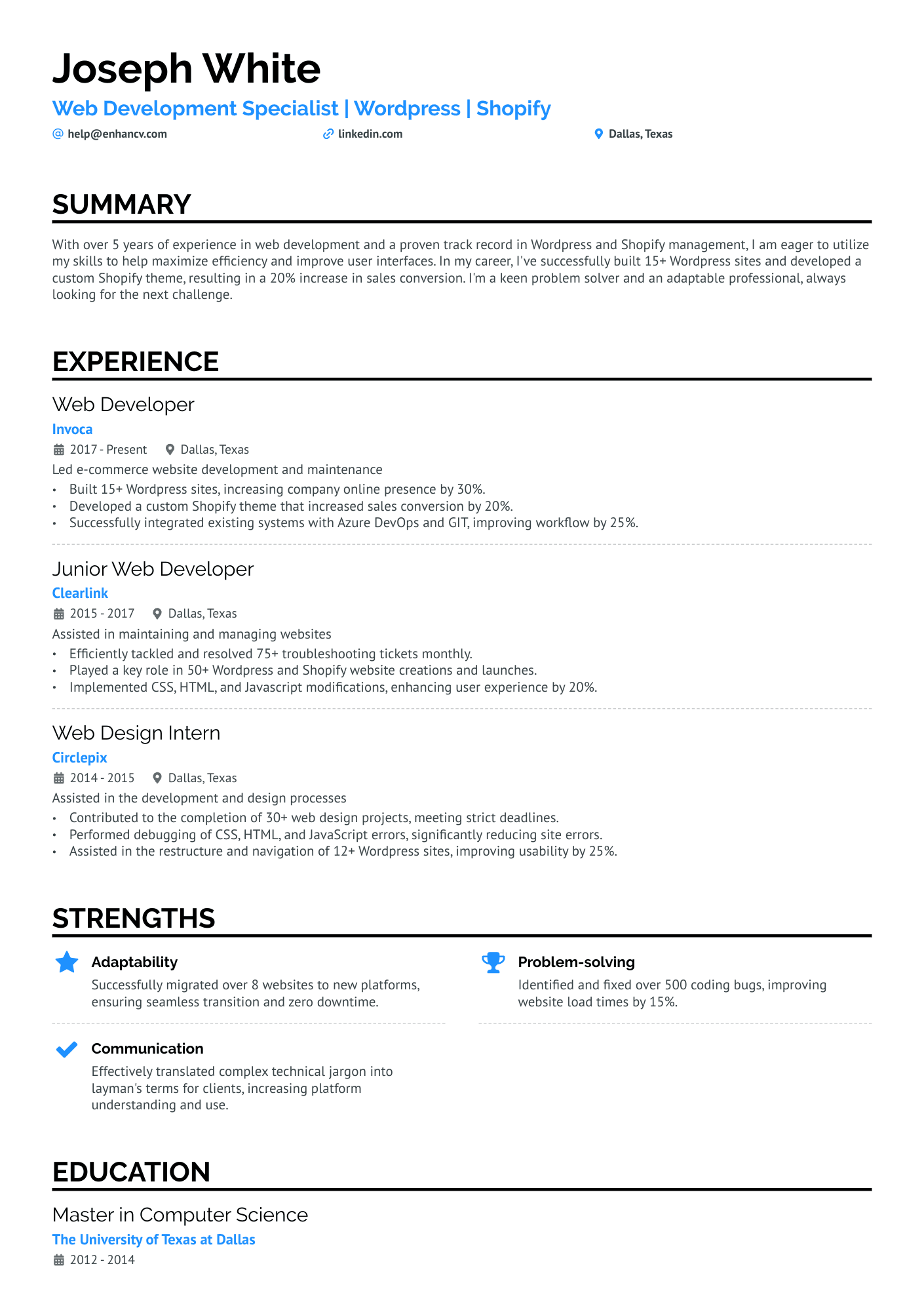Freelance Front End Developer Resume Example