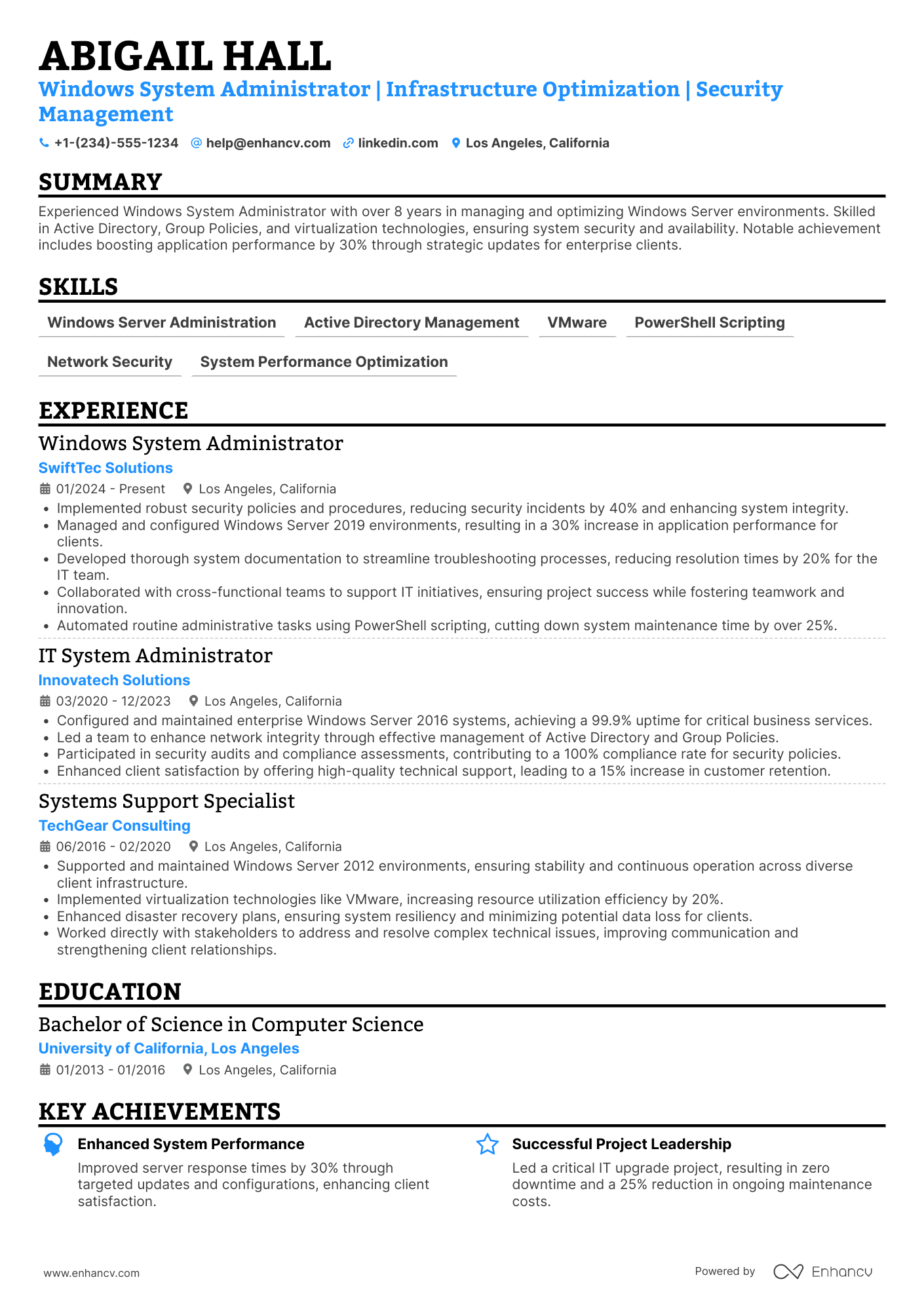 Windows System Administrator Resume Example