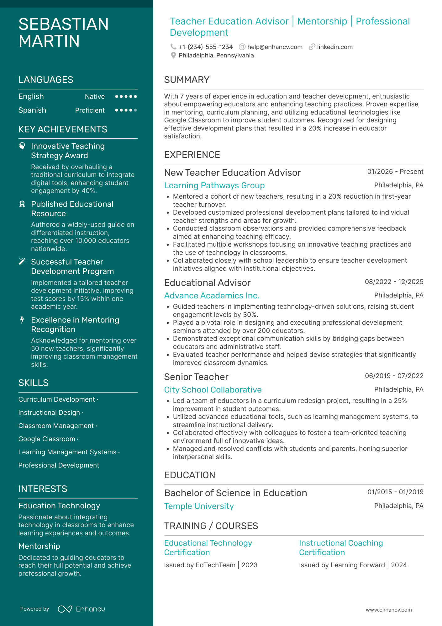 New Teacher Education Advisor Resume Example
