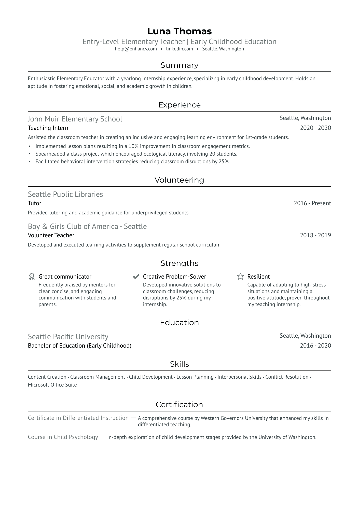 Entry Level Elementary Teacher Resume Example