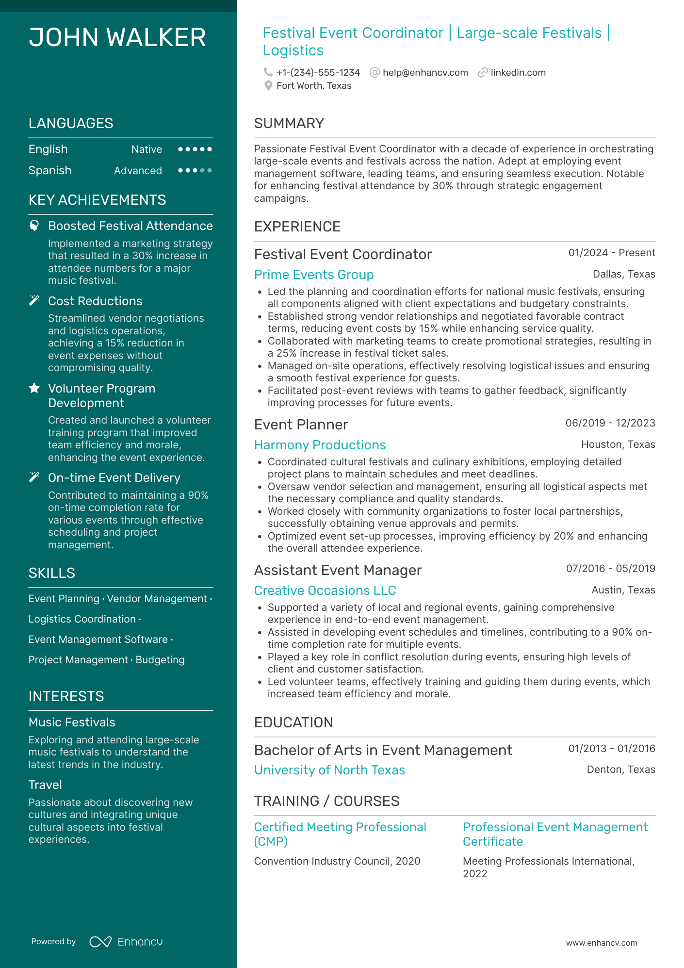 Festival Event Coordinator Resume Example