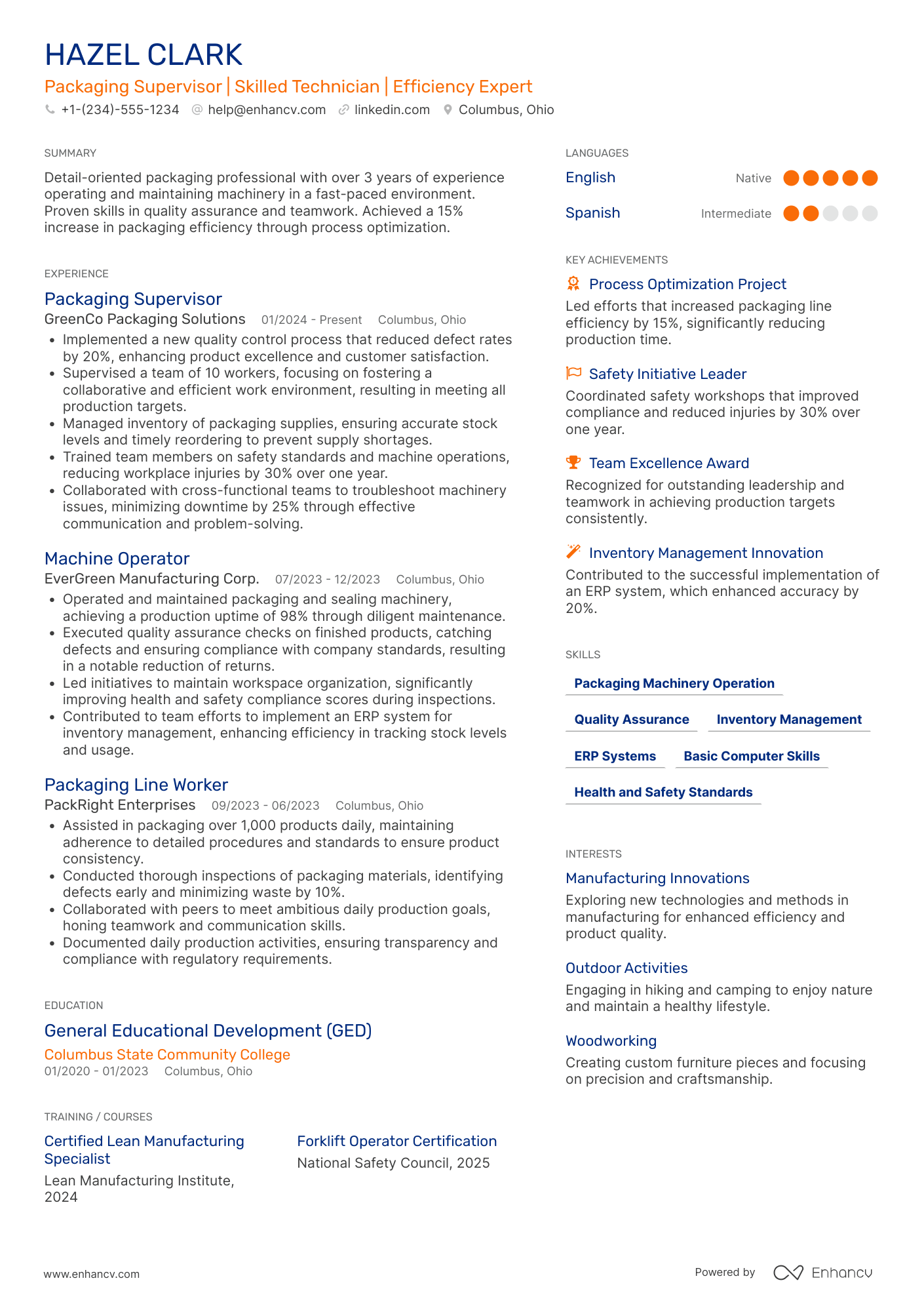 Factory Packaging Worker Resume Example