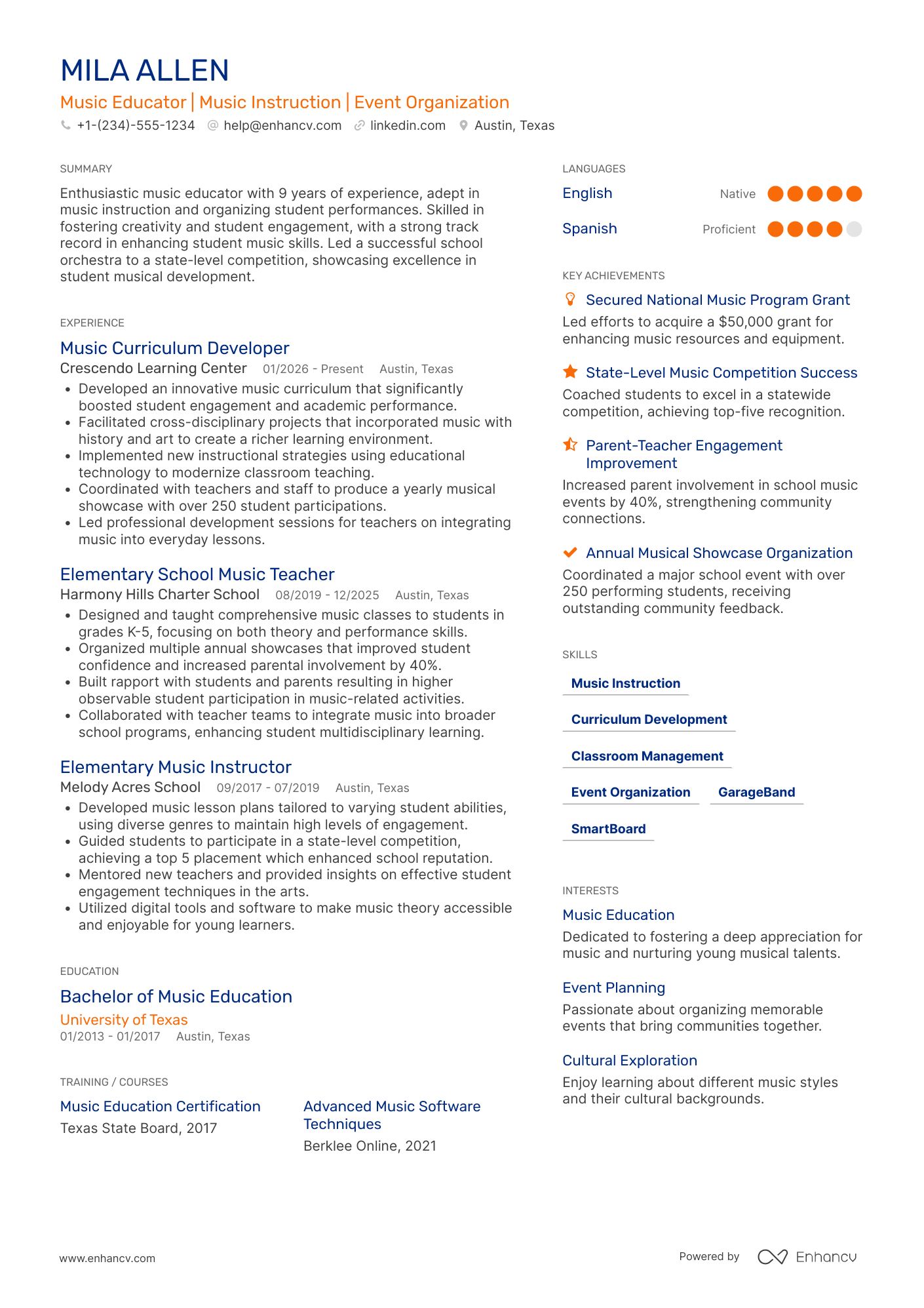 Elementary School Music Teacher Resume Example