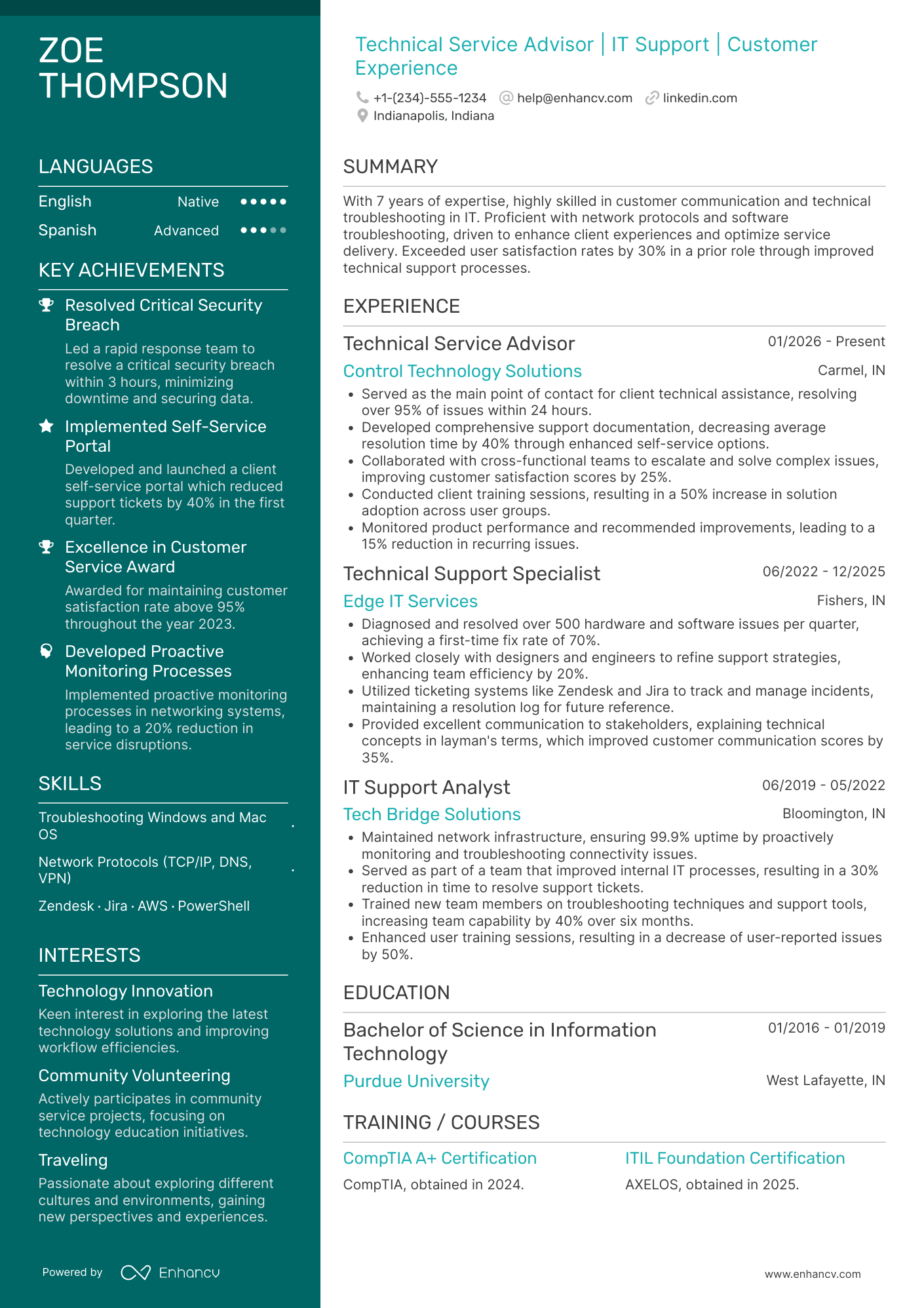 Technical Service Advisor Resume Example