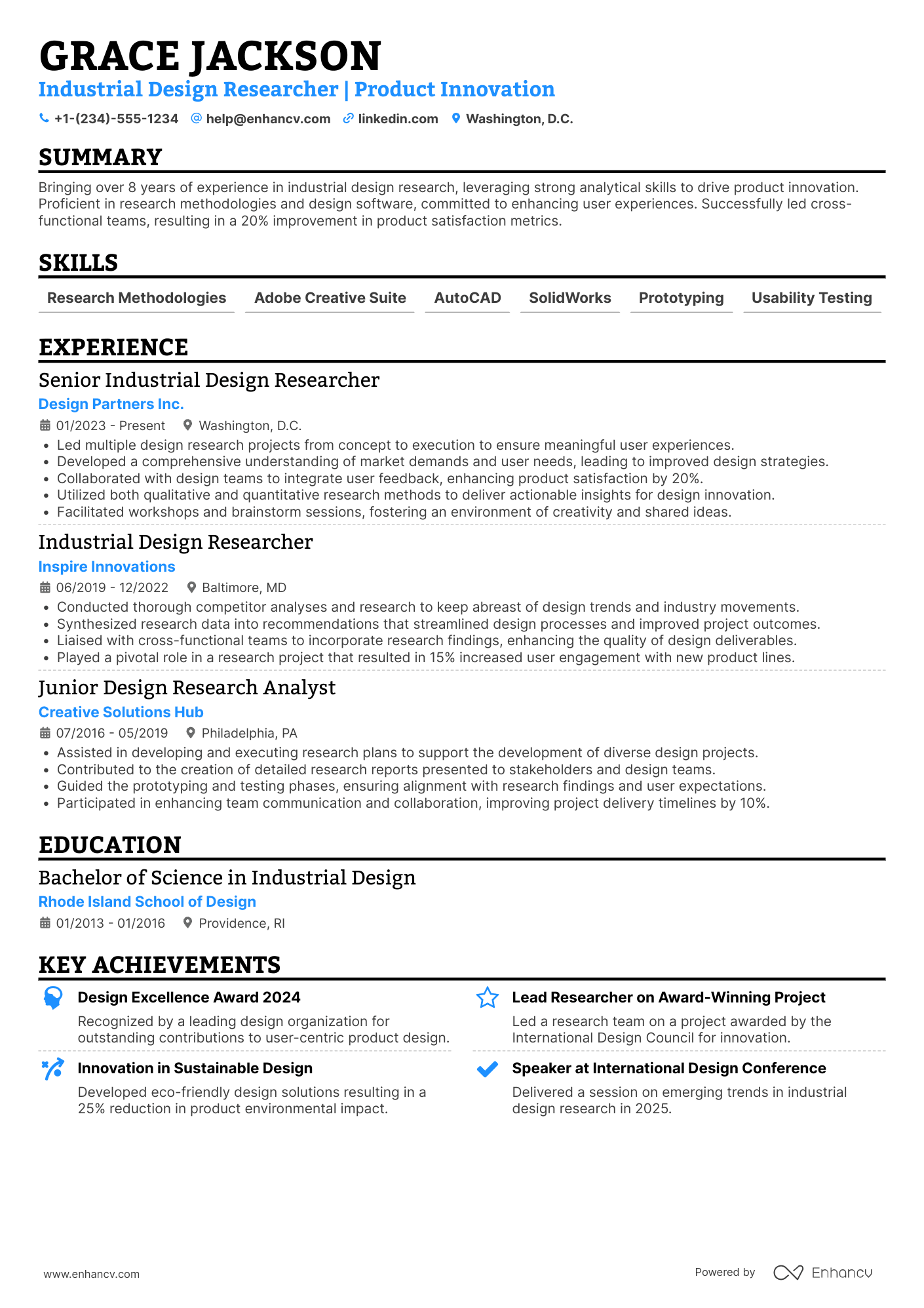 Industrial Design Researcher Resume Example