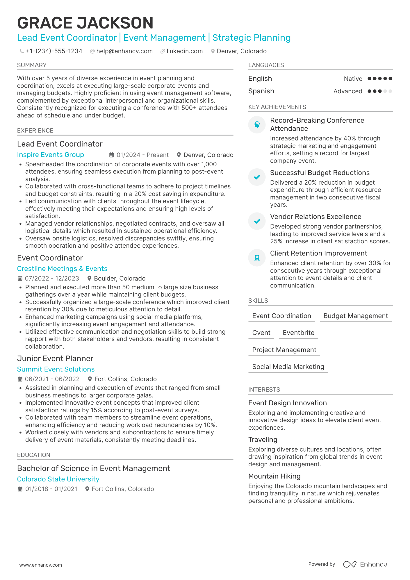 Lead Event Coordinator Resume Example
