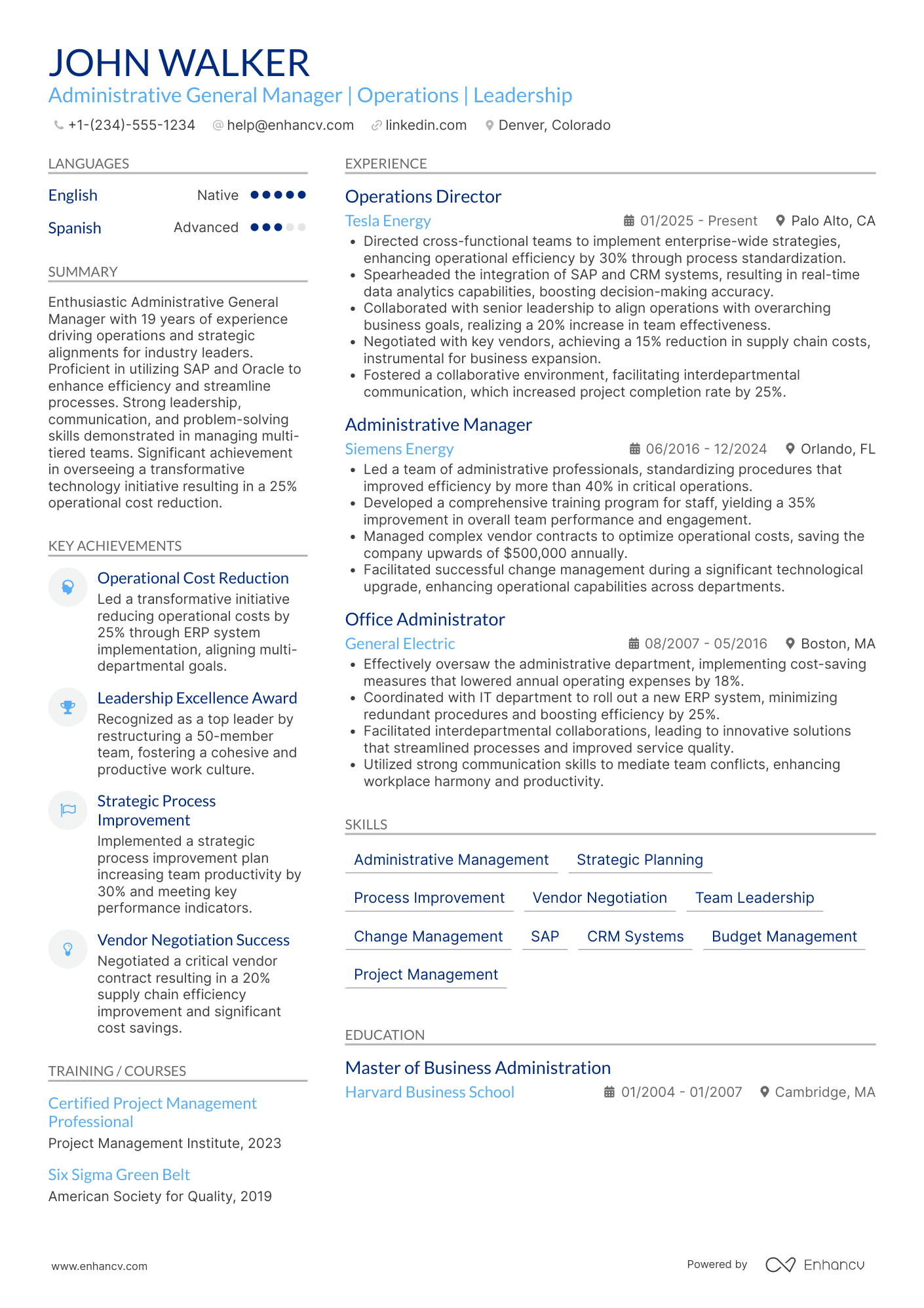 Adiminstrative General Manager Resume Example