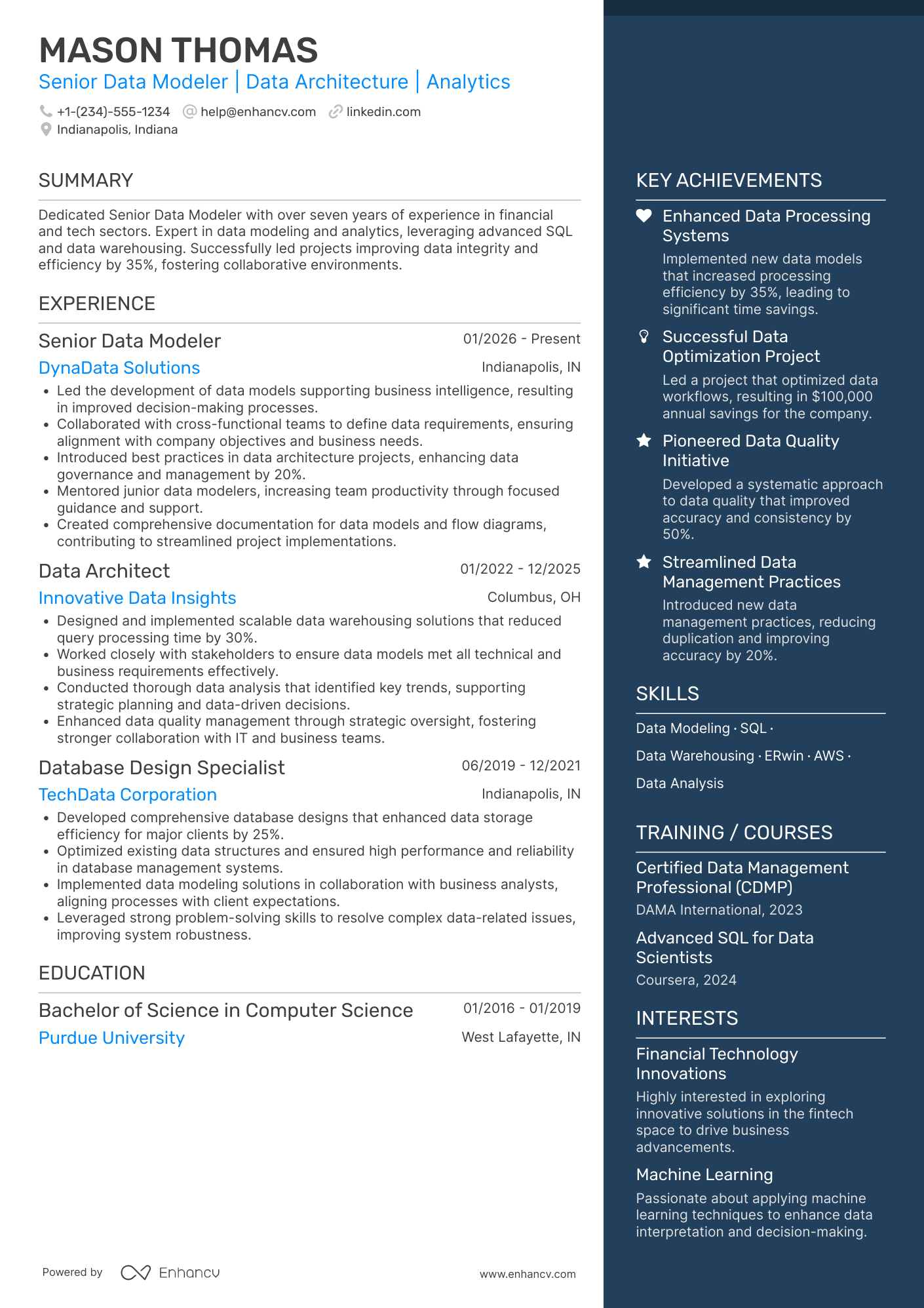 Senior Data Modeler Resume Example