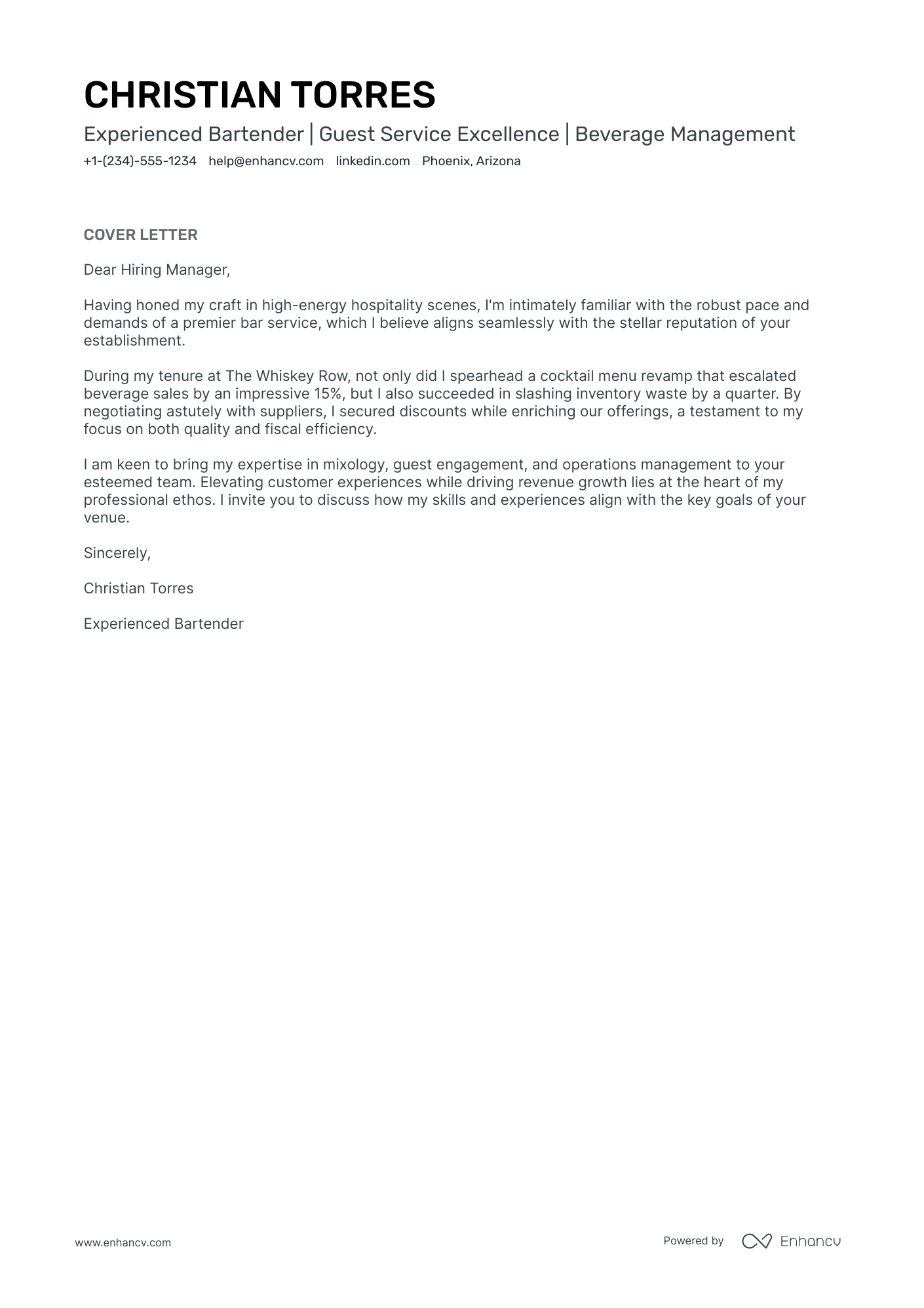Hotel Bartender Resume Example