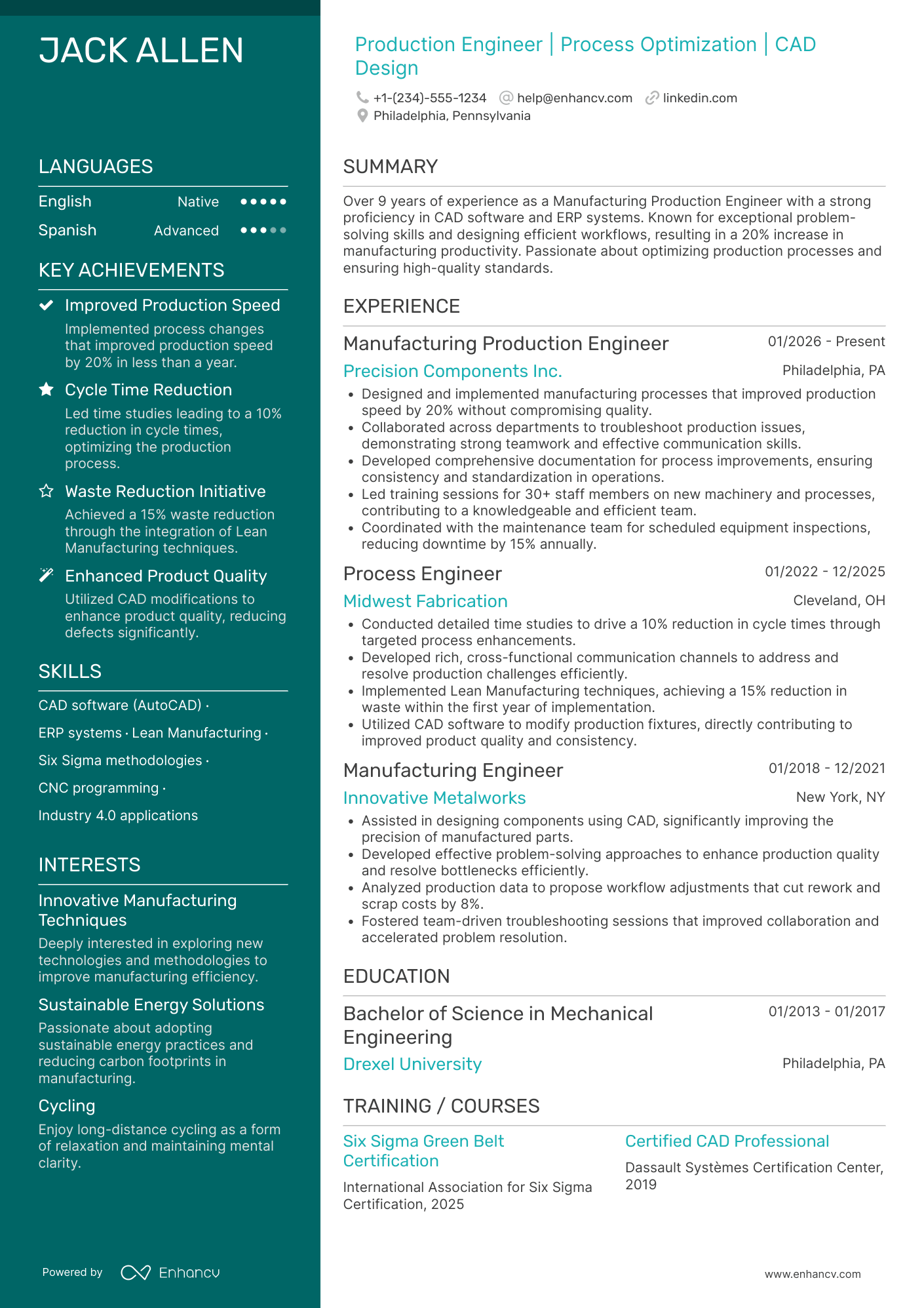 Manufacturing Production Engineer Resume Example