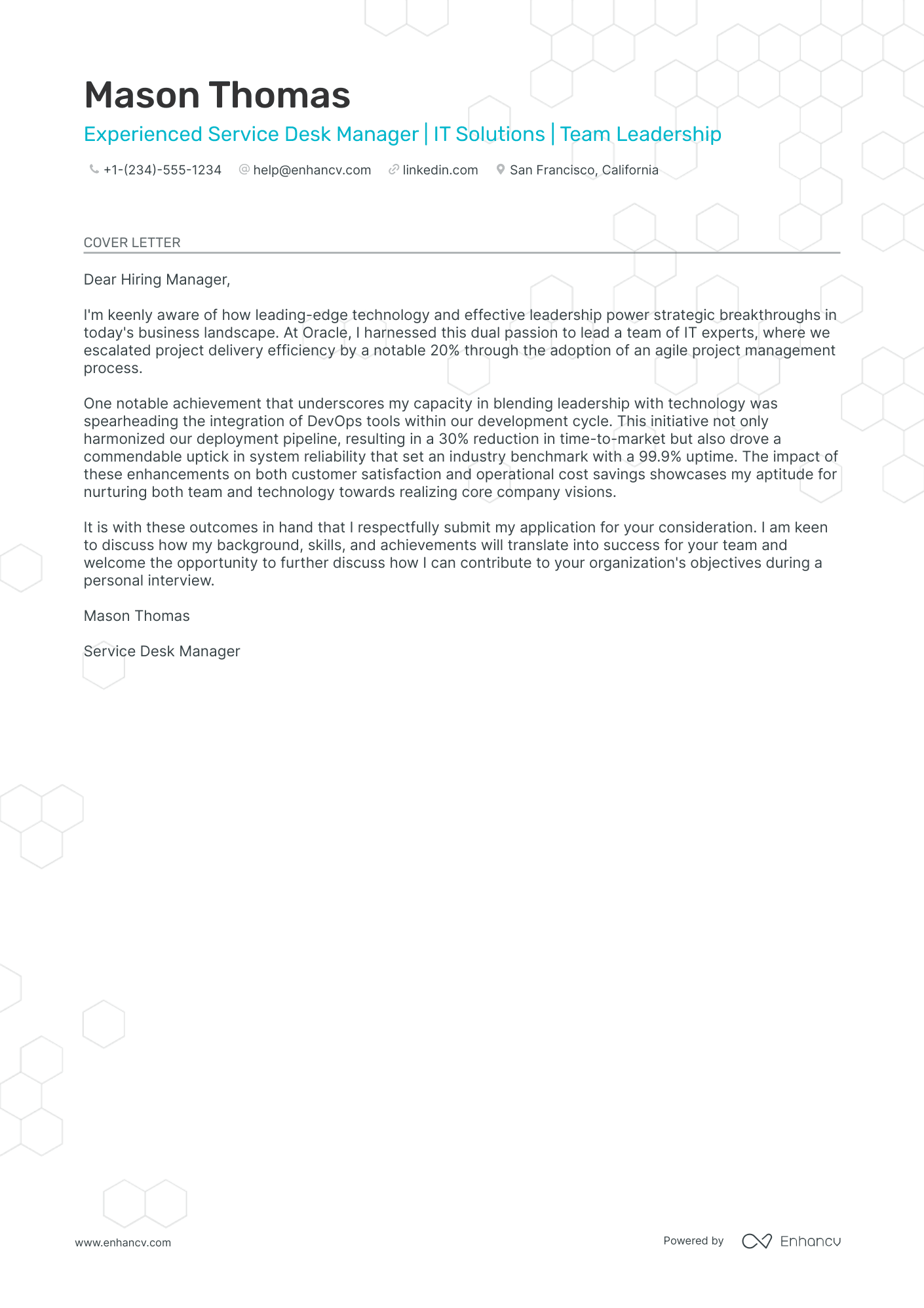 Service Desk Manager Resume Example