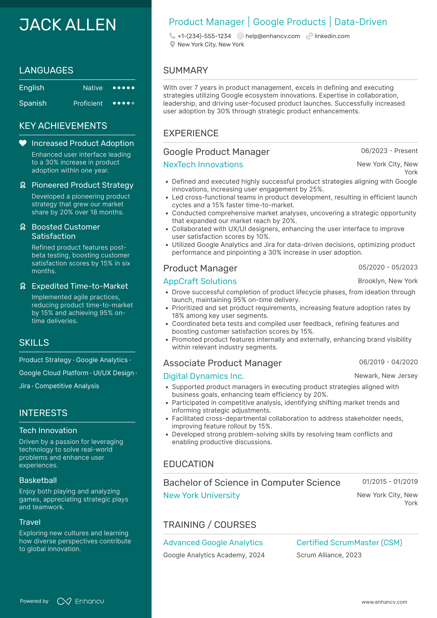 Google Product Manager Resume Example
