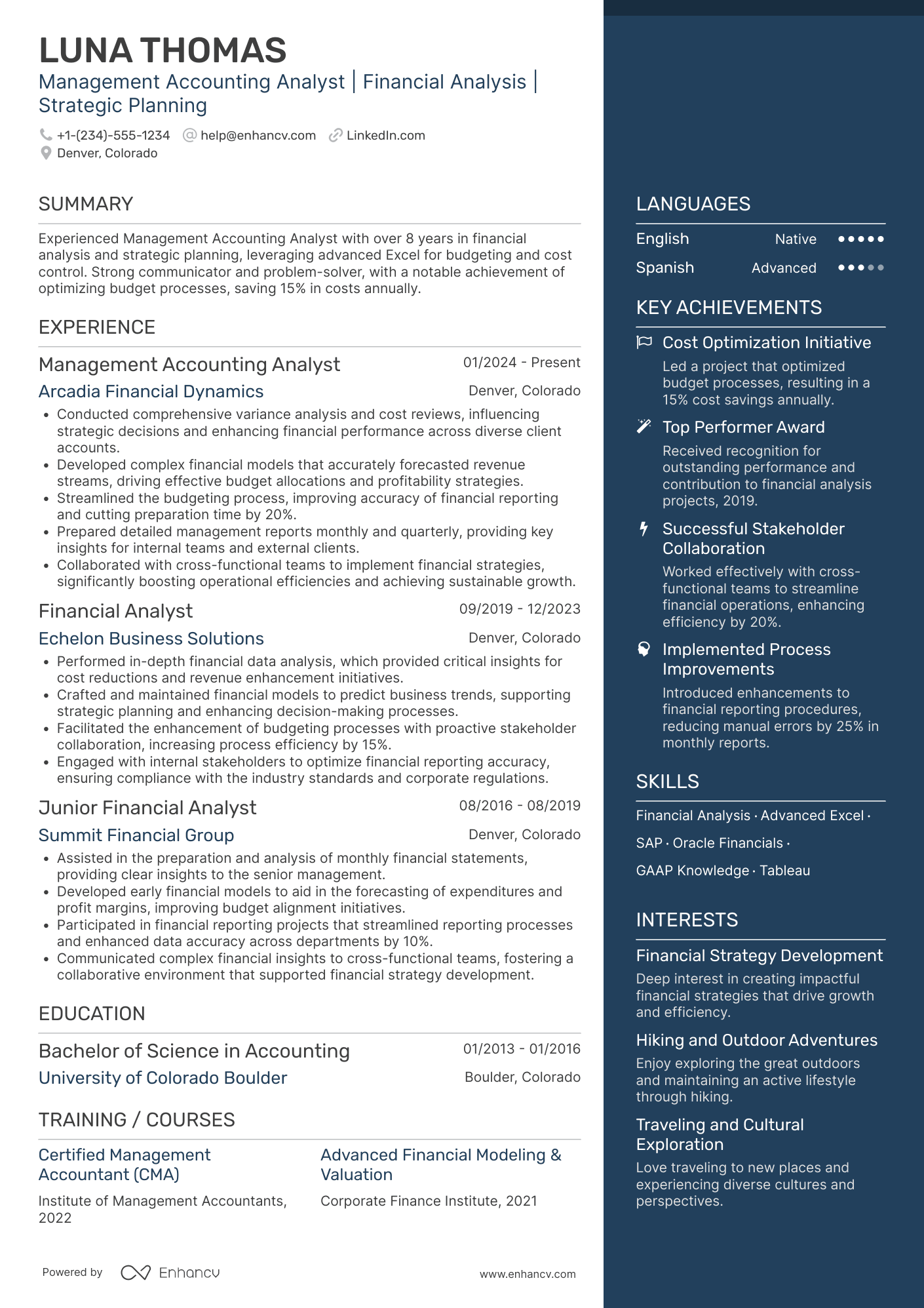 Management Accounting Analyst Resume Example