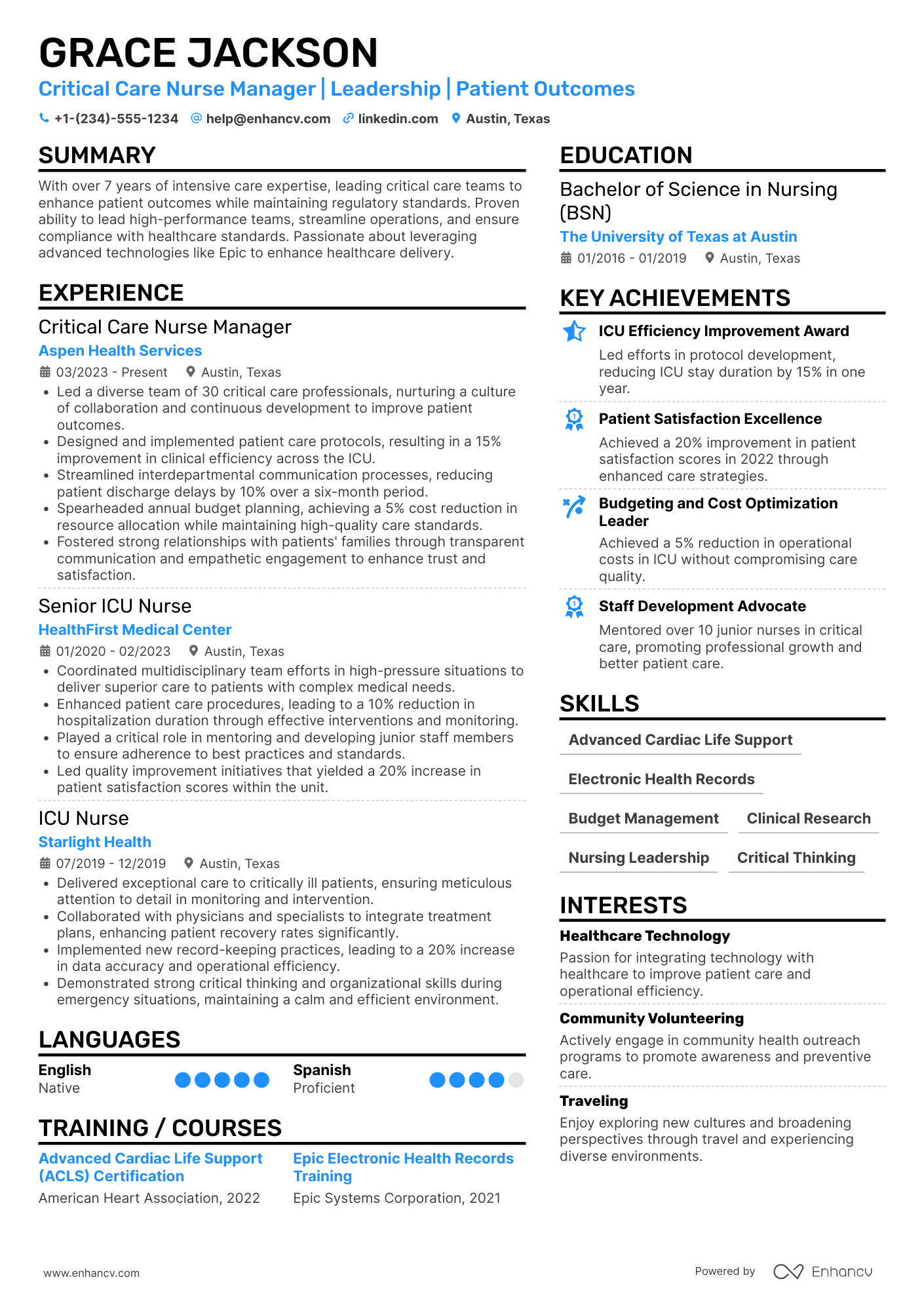 Critical Care Nurse Manager Resume Example