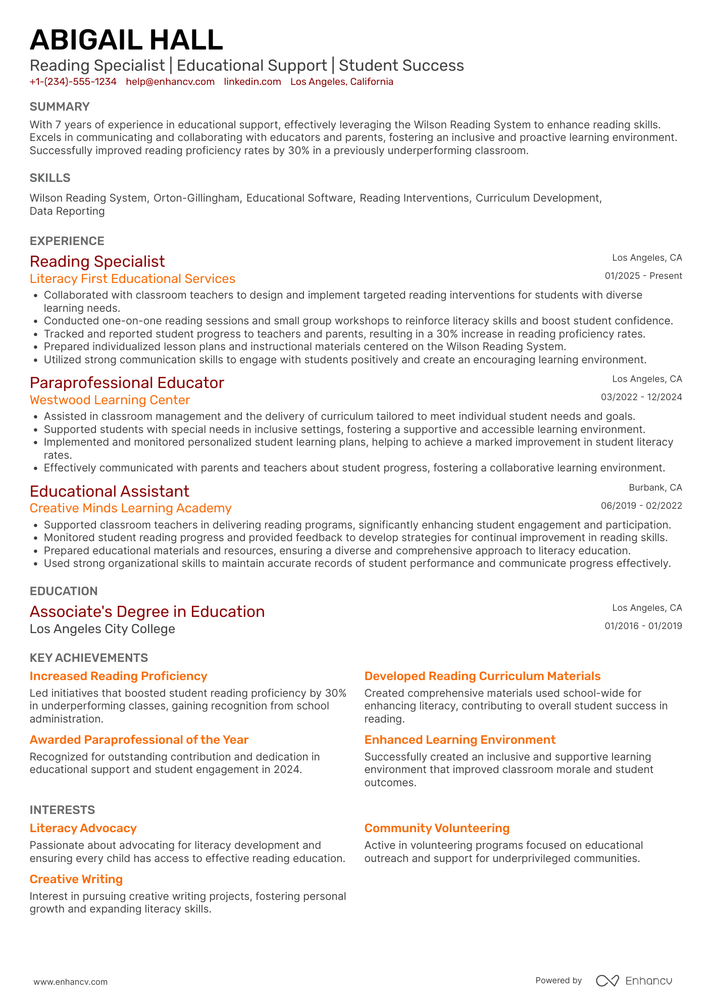 Reading Paraprofessional Resume Example