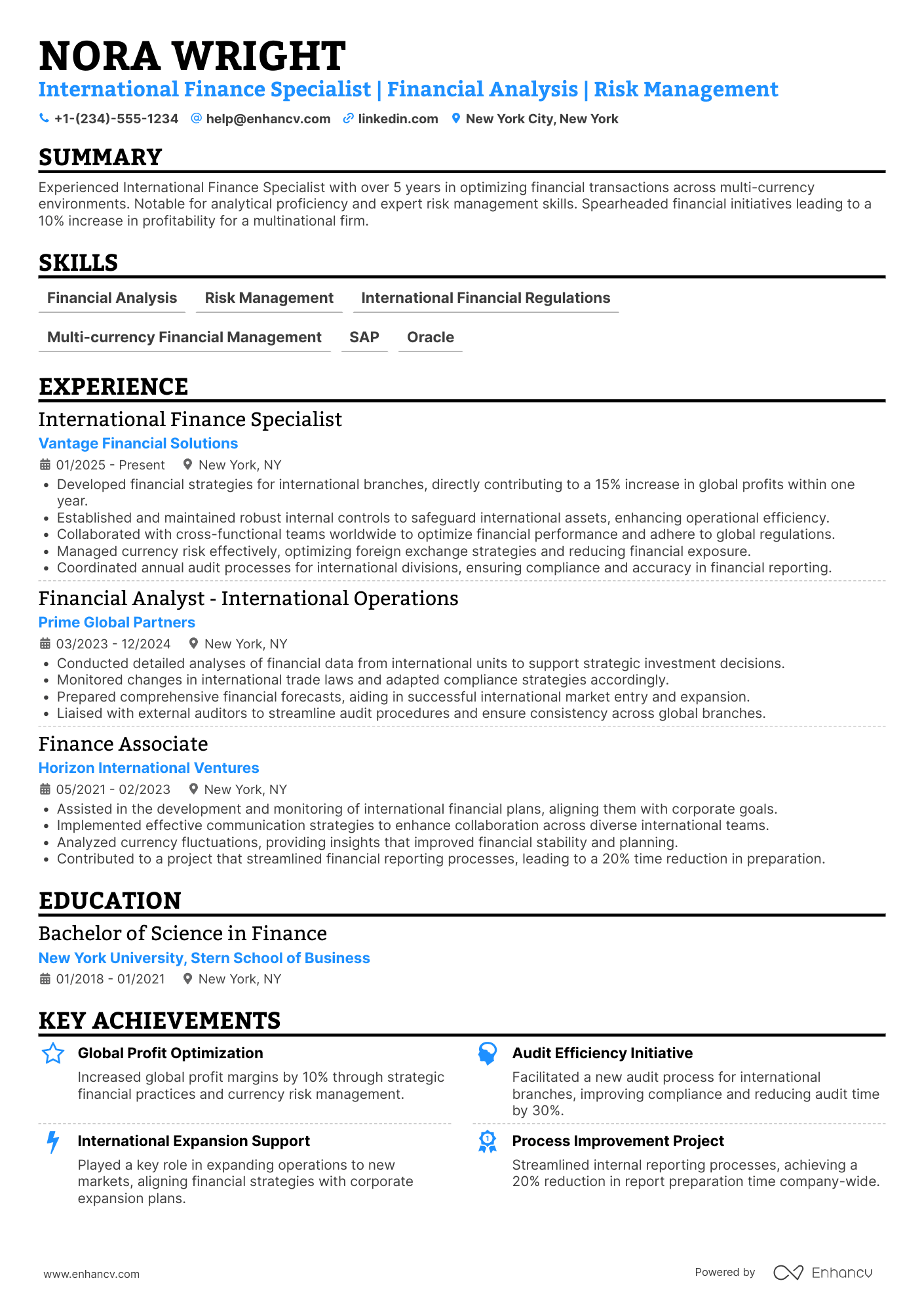 International Finance Specialist Resume Example