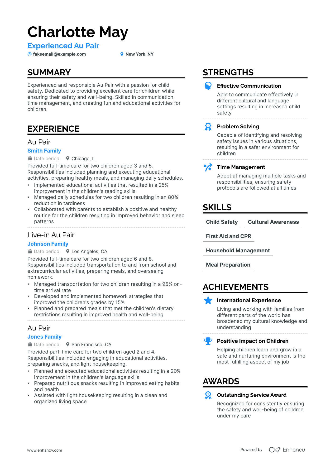 Au Pair Resume Example
