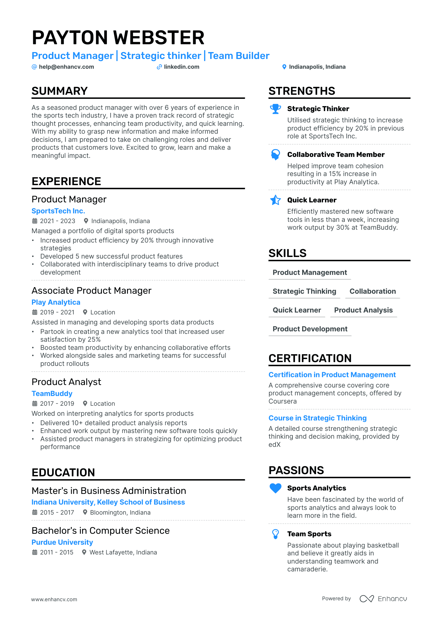 Product Manager Intern Resume Example