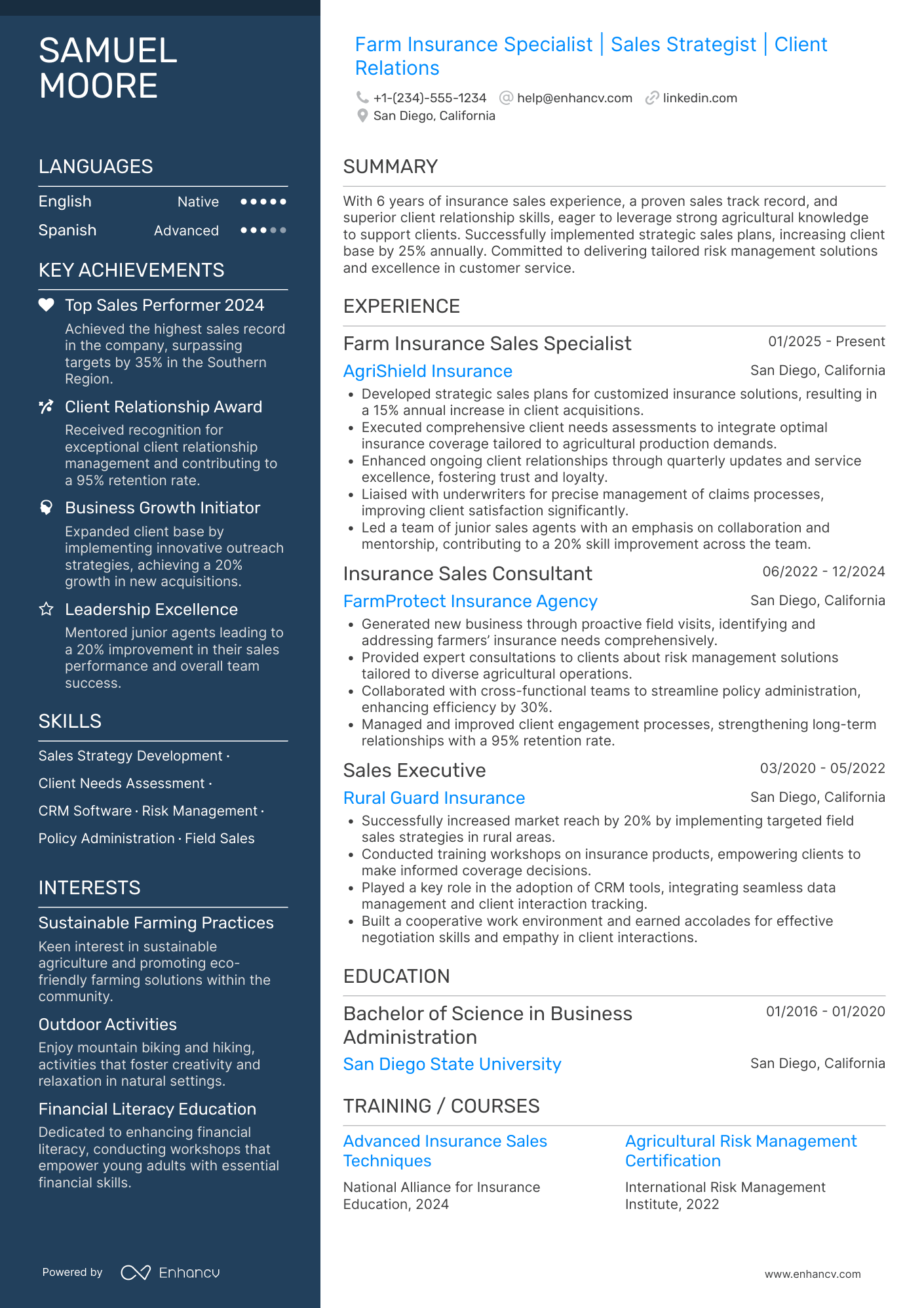 Farm Insurance Sales Agent Resume Example