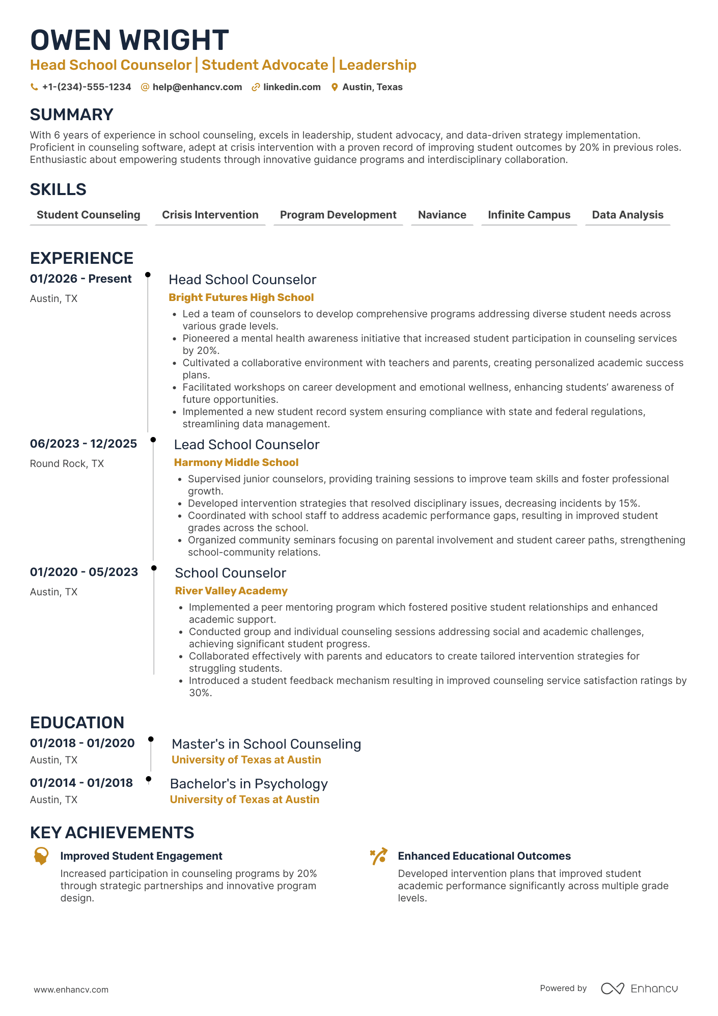 Head School Counselor Resume Example