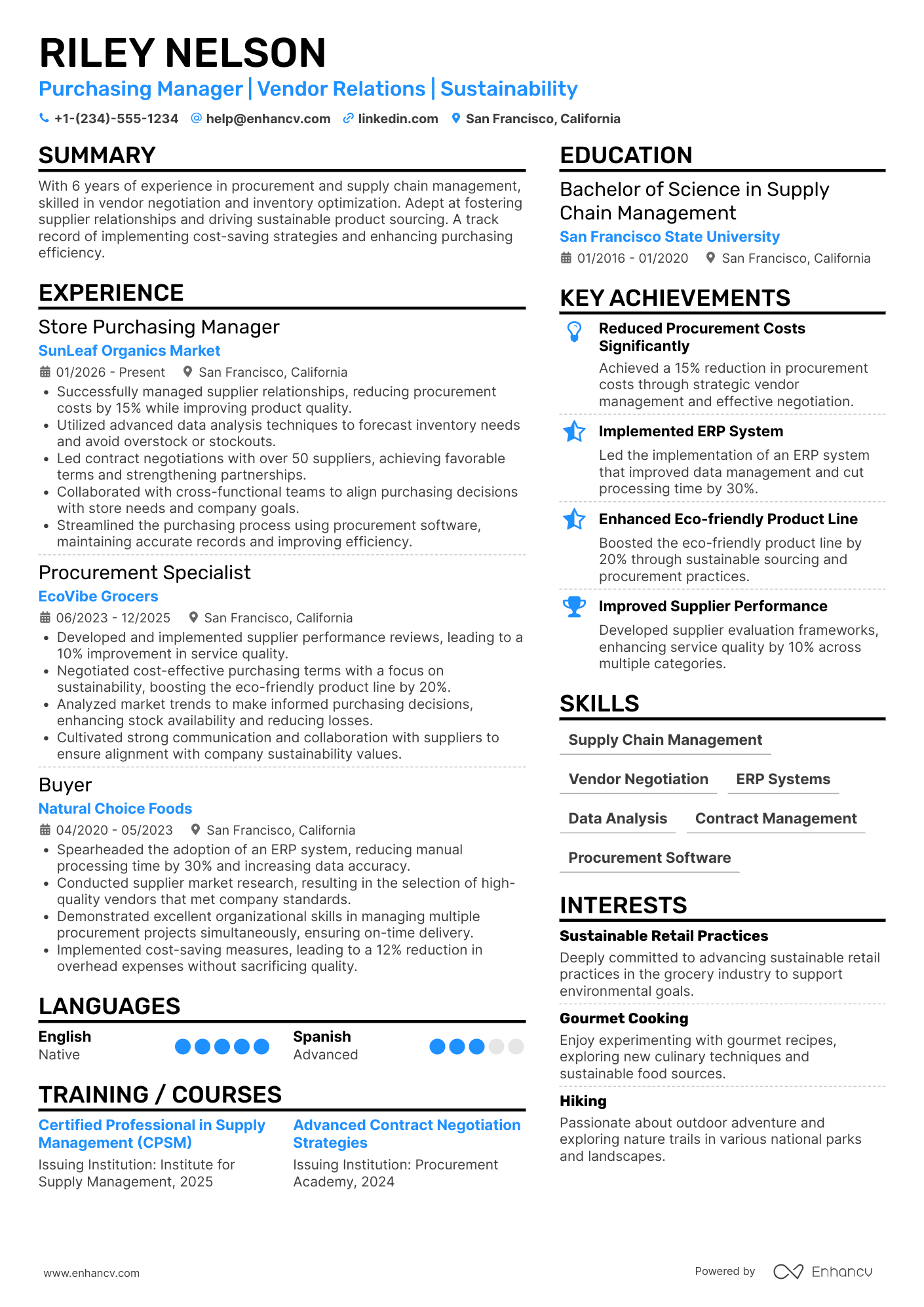 Store Purchasing Manager Resume Example