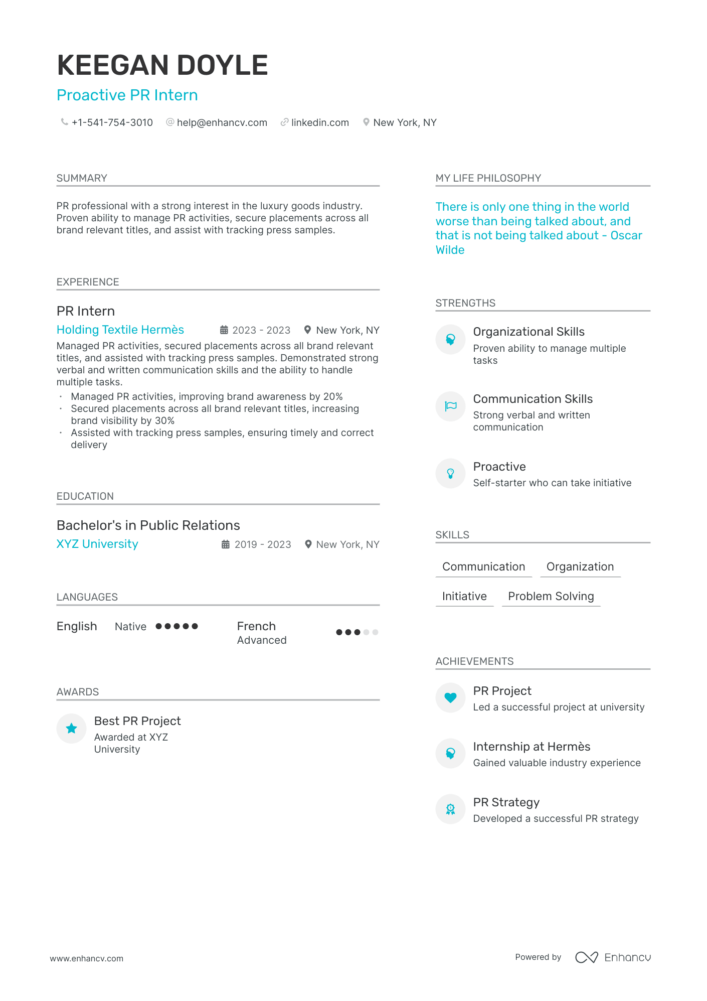 PR Intern Resume Example