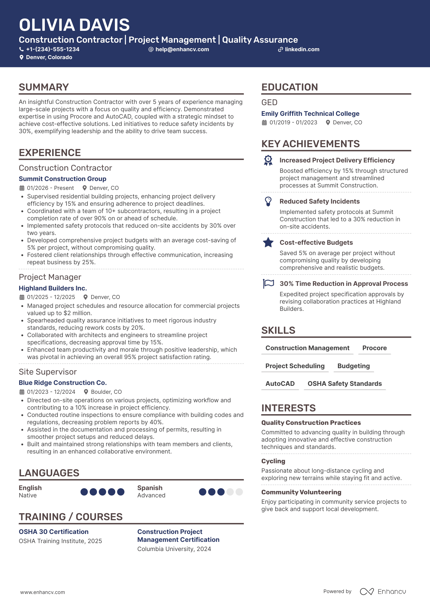 Construction Contractor Resume Example