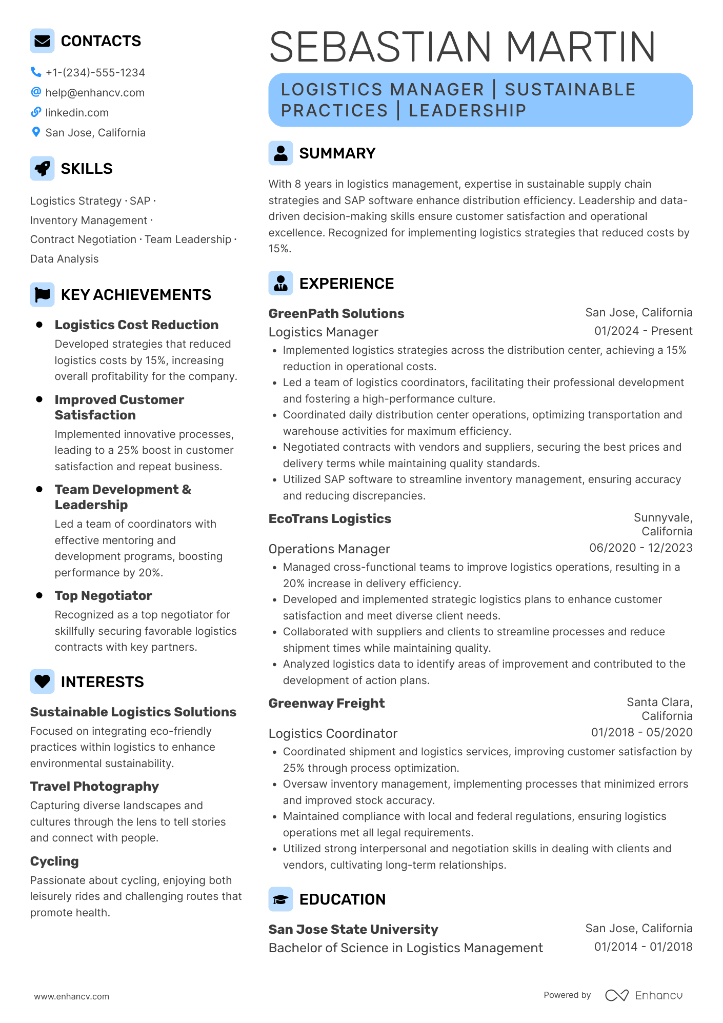 Logistic Manager Resume Example